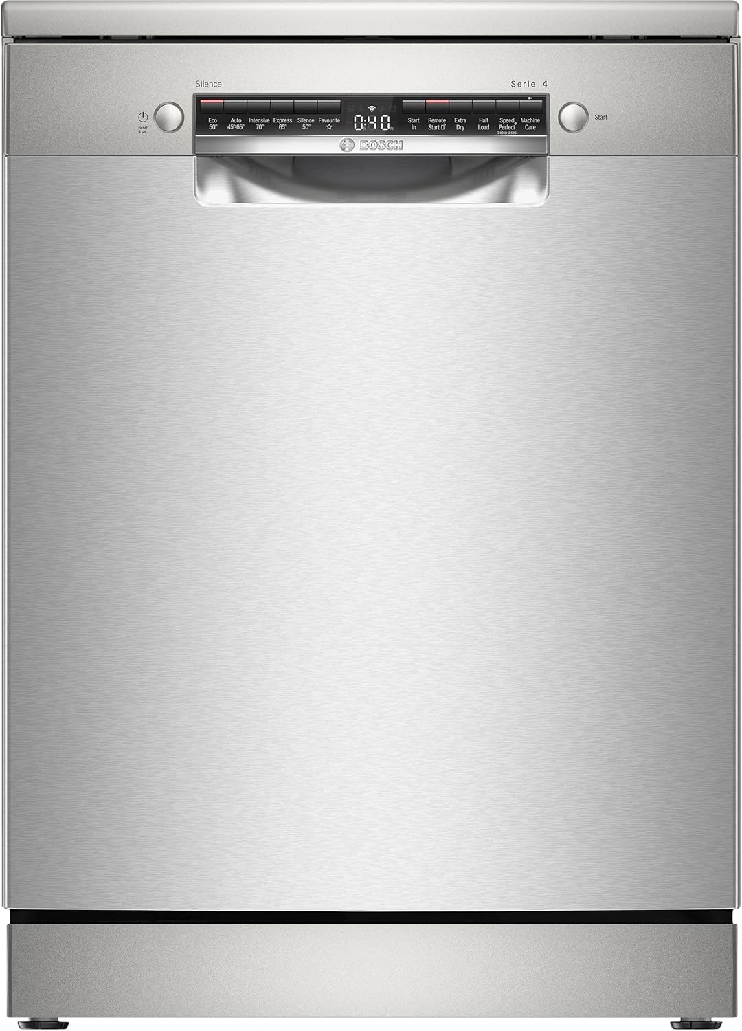 Bosch SMS4EKI06G Series 4, Free-Standing Dishwasher 60 cm, B Energy Rated, 13 Place Settings, 9 Litre, ExtraDry, Silence Plus 42dB Quiet,Rackmatic Adjustable Basket, Silver Inox