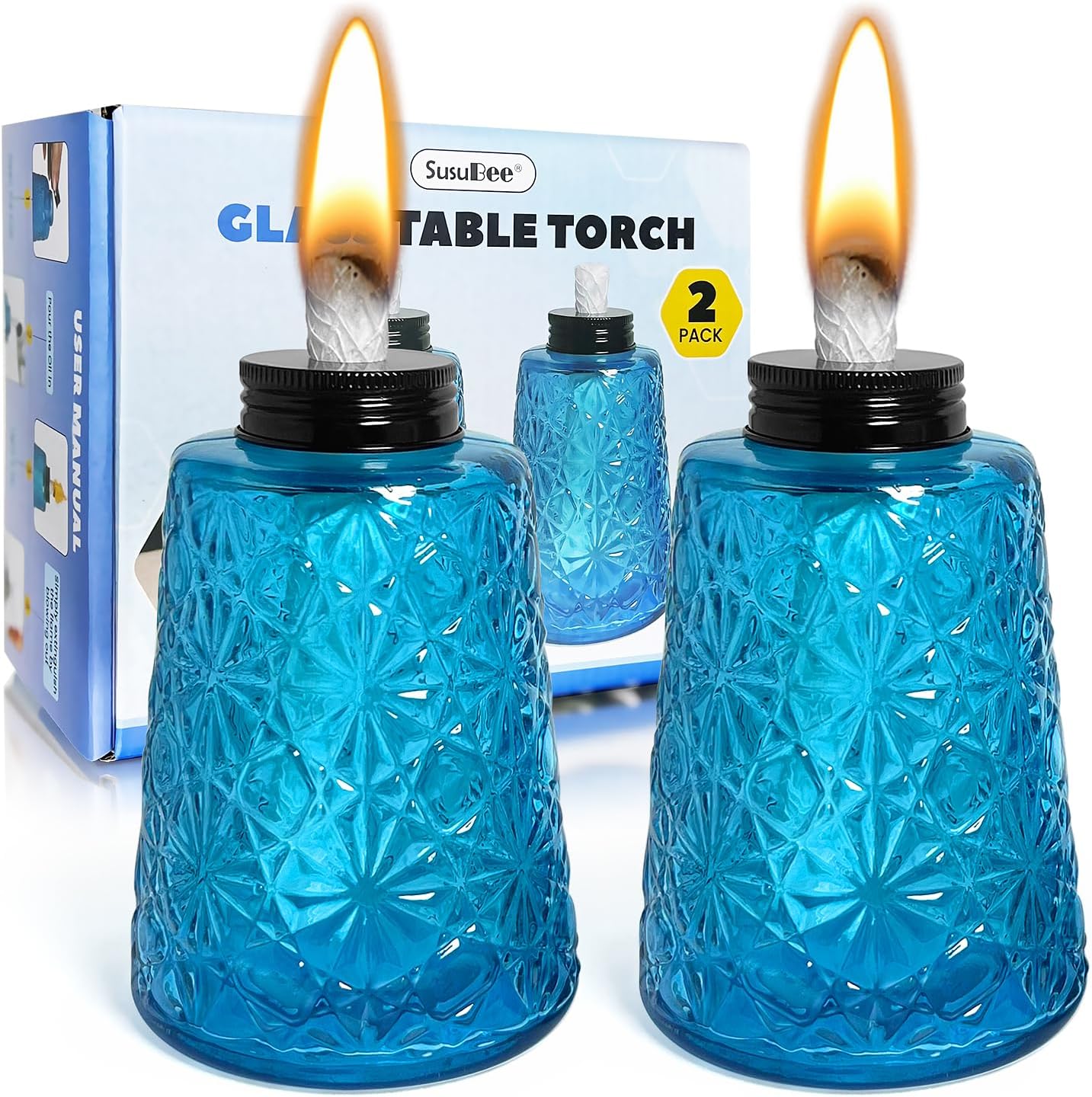 Glass Oil Lamp Table Torch Canisters 2PACK Citronella Oil Burner Torches for Outdoor Patio with Wicks and Cap