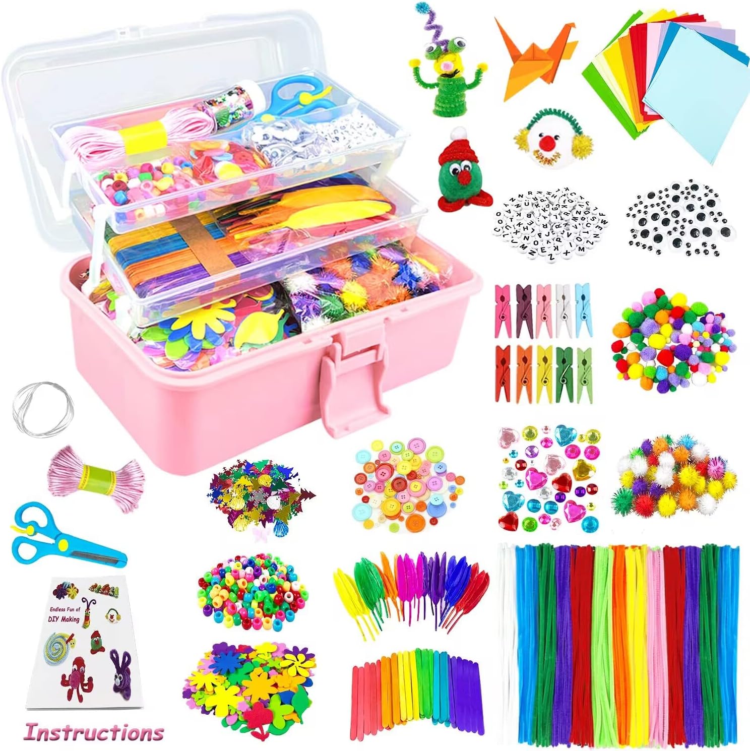 VLUINANI 3000Pcs Craft Kits for Kids DIY Arts and Crafts Supplies Set with Pipe Cleaners Craft Box Preschool Homeschool Toys Gift for Kids Boys and Girls Age 4 5 6 7 8