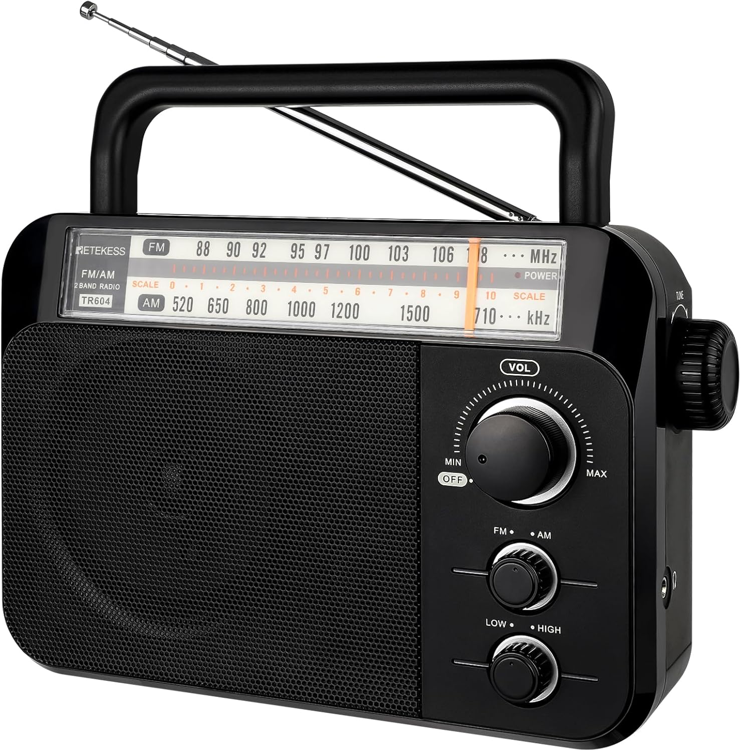 Retekess TR604 AM FM Radio,Portable Radio Plug in Wall,D Battery Operated,Large Dial,High/Low Tone Mode,Big Speaker,Earphone Jack,for Home,Picnic,Senior