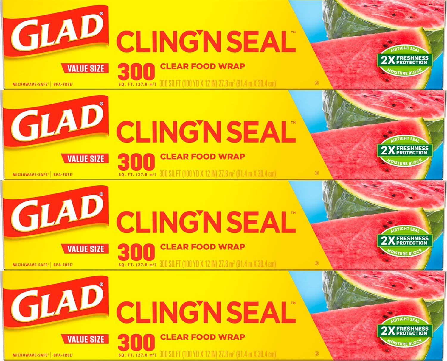 Glad Cling N Seal Plastic Food Wrap, 300 Square Foot Roll - 4 Pack (Package May Vary)