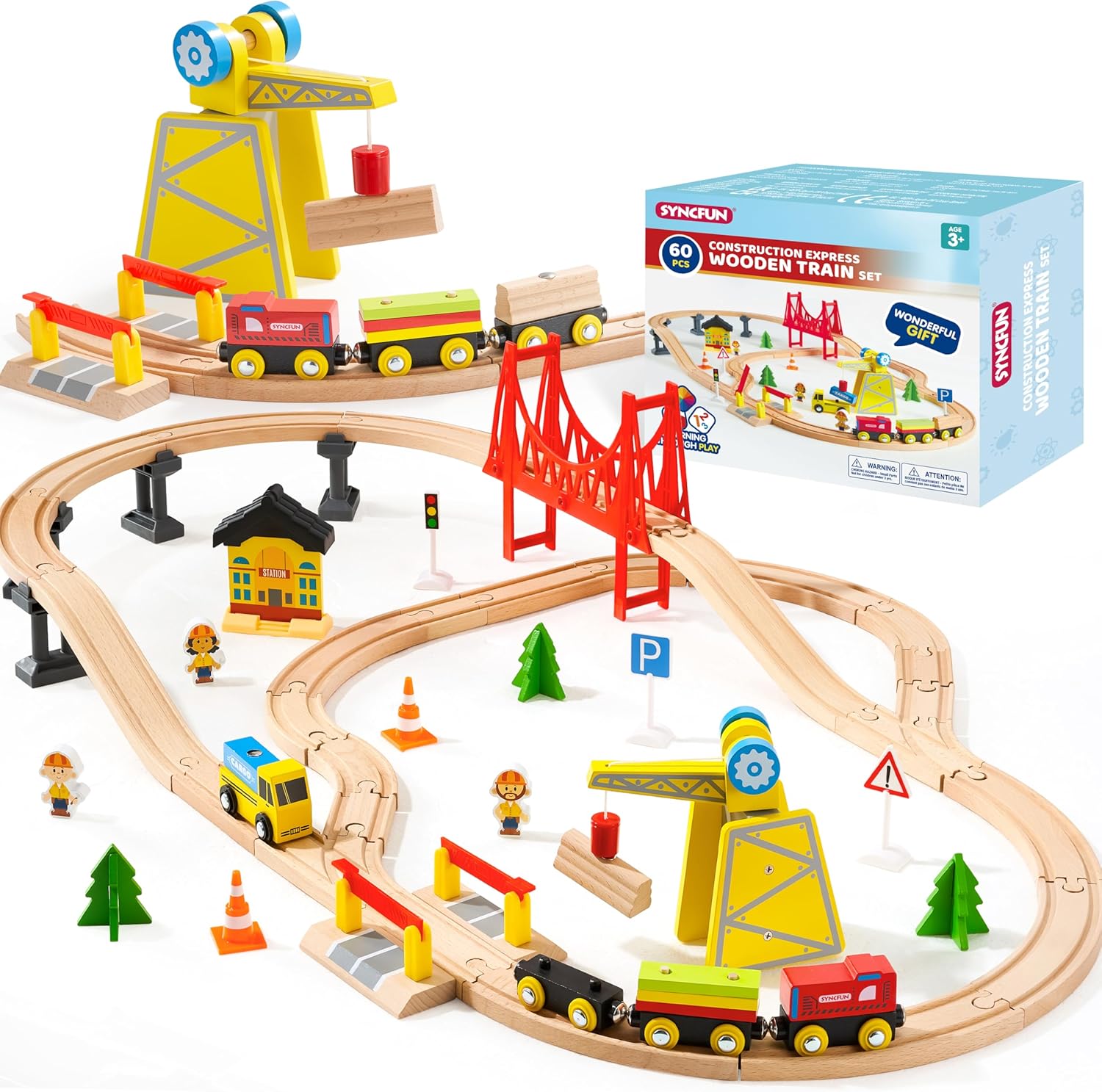 60PCS Wooden Train Set - Construction Express, Engineering Railway with Magnetic Crane, Trains & Accessories, Perfect Christmas Birthday Party Toy Gift for Kids Toddlers Boys Girls Ages 2-8
