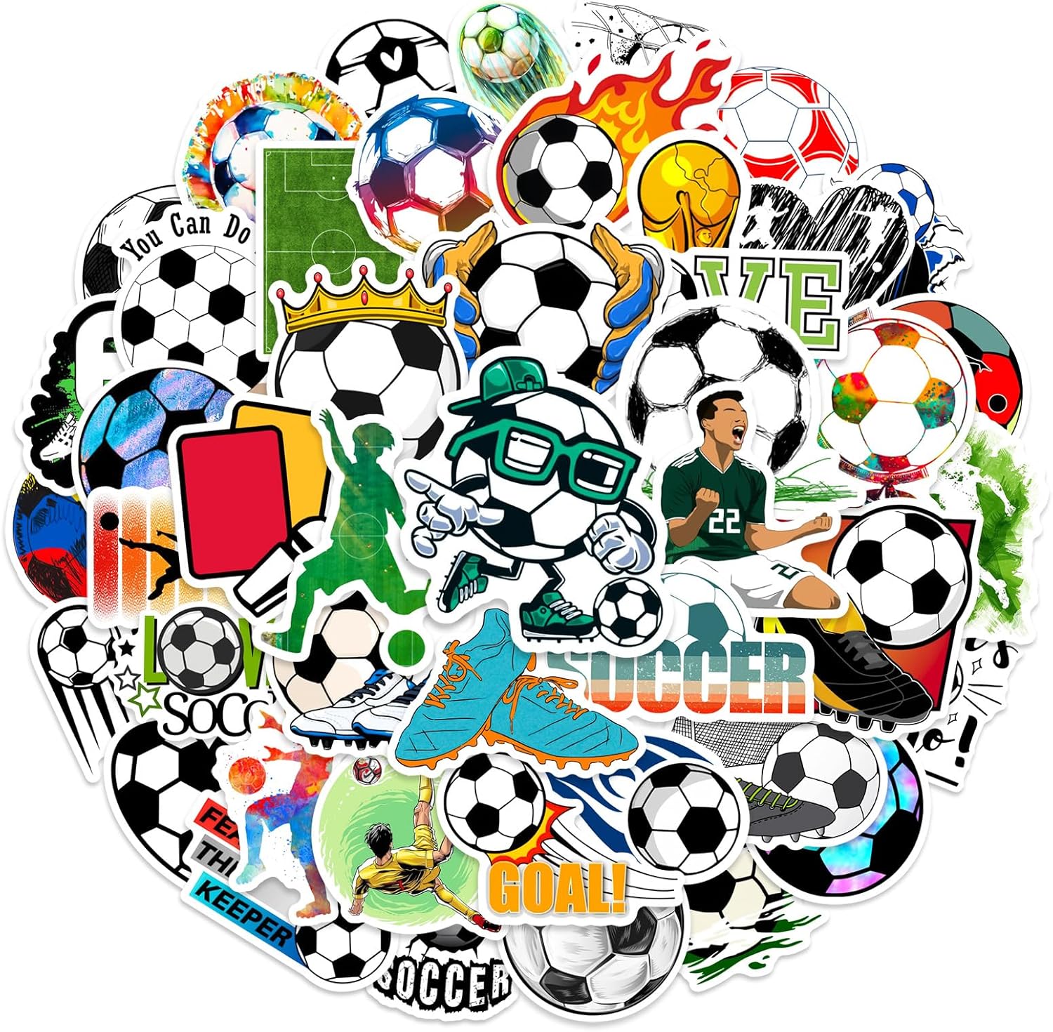 Cool Soccer Sport Stickers for Adult, 50pcs Soccer Waterproof Vinyl Stickers for Teen Kids Laptop, Skateboard, Water Bottle, Guitar, Phone(Soccer)