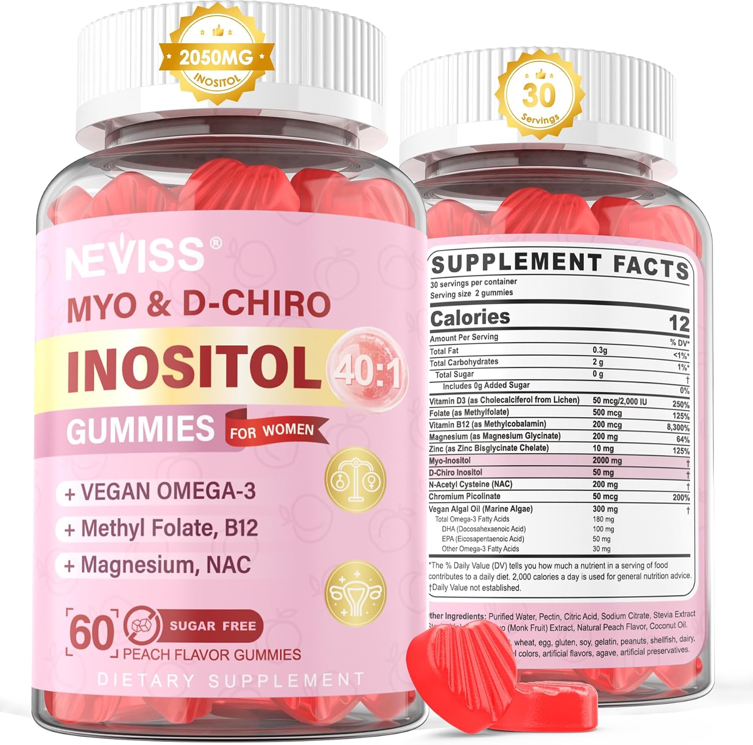 NEVISS Myo-Inositol & D-Chiro Inositol Gummies for Women w/Methylfolate D3 | 40:1 Ratio Inositol Supplement with Omega-3, Magnesium Glycinate, B12 for Hormone Balance, Female Wellness, Sugar Free, 60Cts
