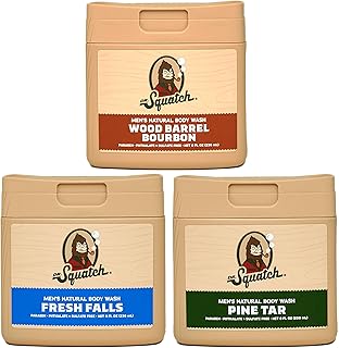 Dr. Squatch NEW Natural Body Wash for Men - Non-Exfoliating - Pine Tar + Wood Barrel Bourbon + Fresh Falls (8 oz, 3 Pack)
