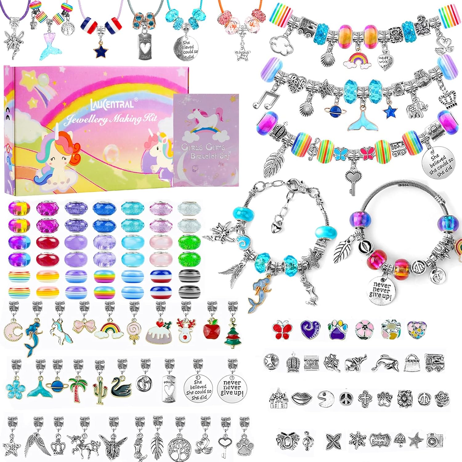 LauCentral 164 Pieces Charm Bracelet Making Kits, Jewelry Making Supplies Beads DIY Art Crafts Supplies Set with Snake Chain String for Christmas Gifts for Girls Teens Children Age 8-12