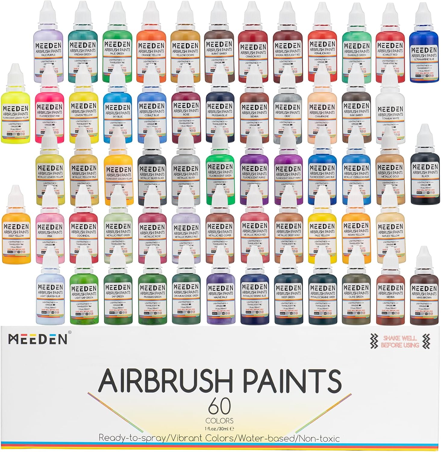 MEEDEN Acrylic Airbrush Paint for Model: Air Brush Spray Paint Set Including Fluorescent and Metallic Colors - 60 Colours x 30ml/1oz