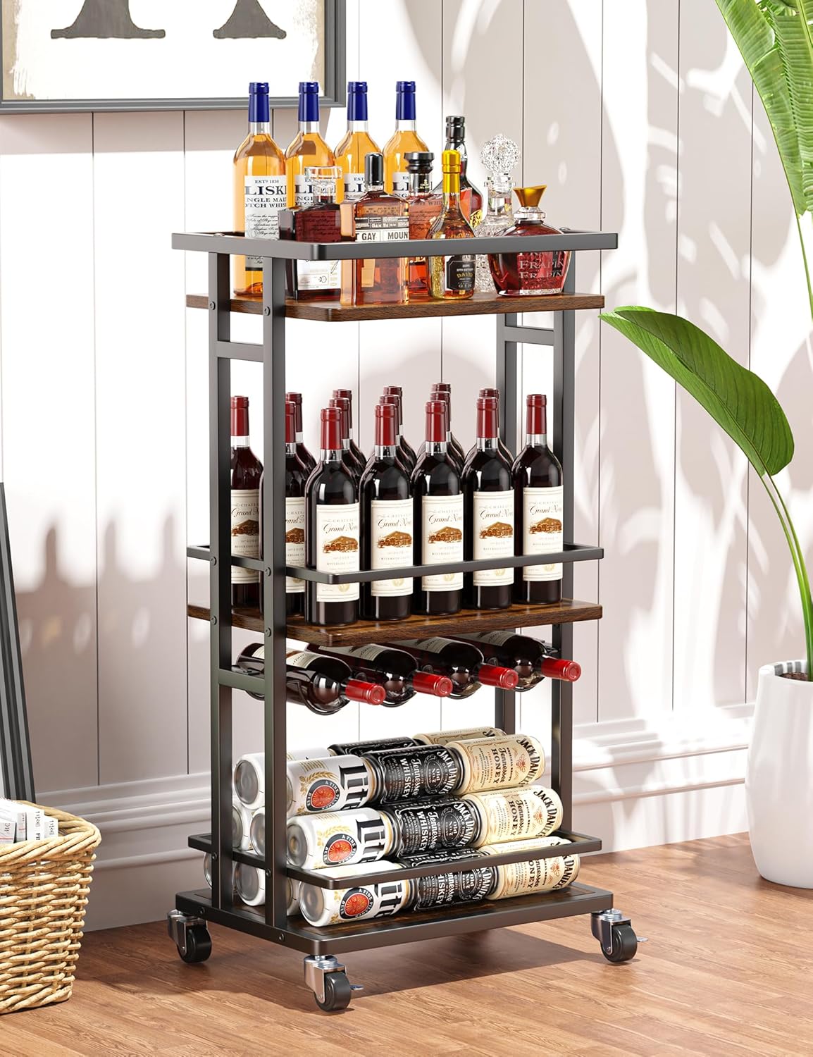 4-Tier Liquor Cabinet with Wine Rack, Mini Bar Cart for Home, Small Liquor Bar for Alcohol, Rolling Kitchen Serving Cart on Wheels, Wine Drink Cart for Party, Bar Stand for Small Space
