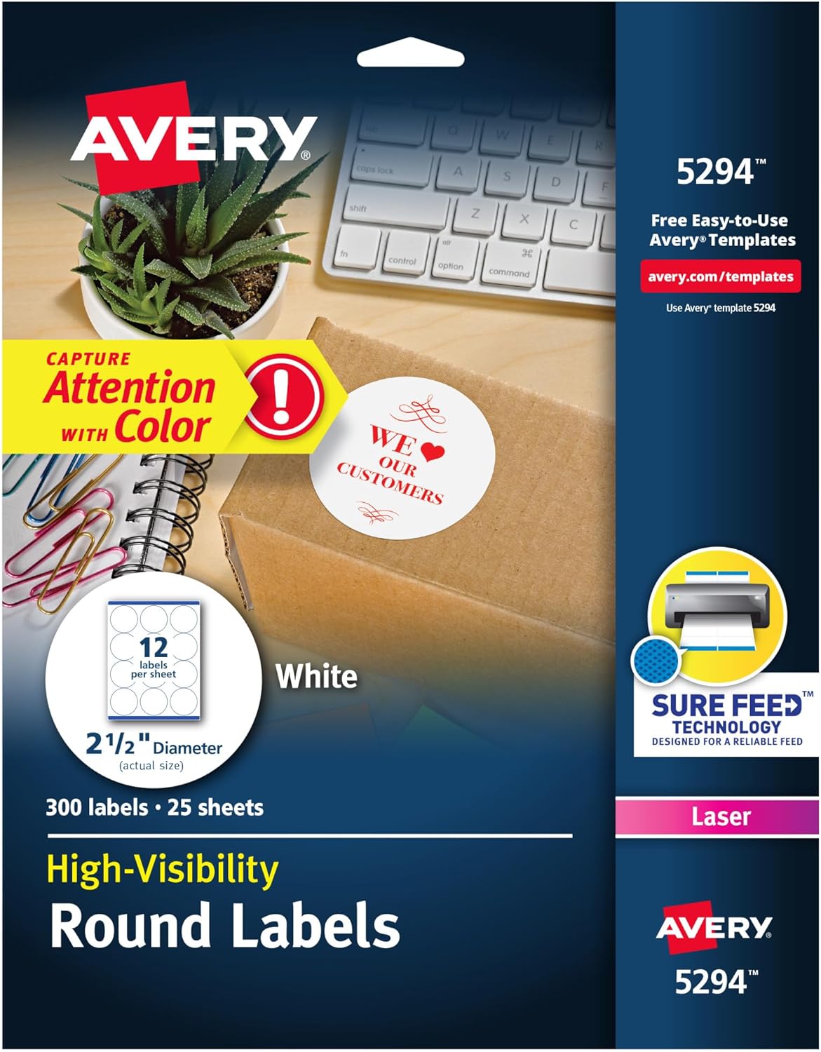 Avery High Visibility Printable Round Labels with Sure Feed, 2.5" Diameter, White, 300 Customizable Blank Labels Total (5294)