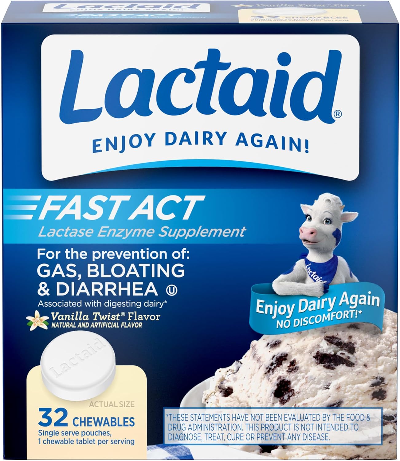 Lactaid Fast Act Lactose Intolerance Relief Chewables with Natural Lactase Enzyme to Prevent Gas, Bloating & Diarrhea Due to Lactose Sensitivity, On-The-Go, Vanilla Twist Flavor, 32 x 1 ct