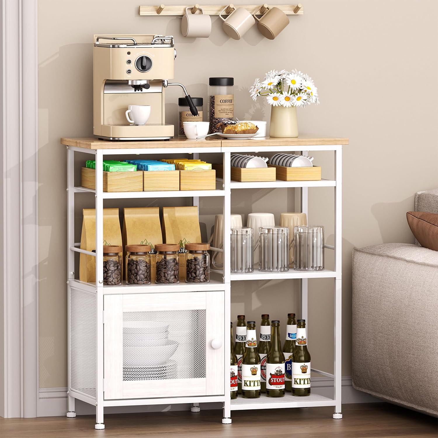 SWTYMIKI Coffee Bar Cabinet Station - Farmhouse Small Coffee Stand Station with Doors, Rustic Storage Organizer for Kitchen, Buffet Sideboard Cabinet Table for Home, Office, Corner, Bar, White