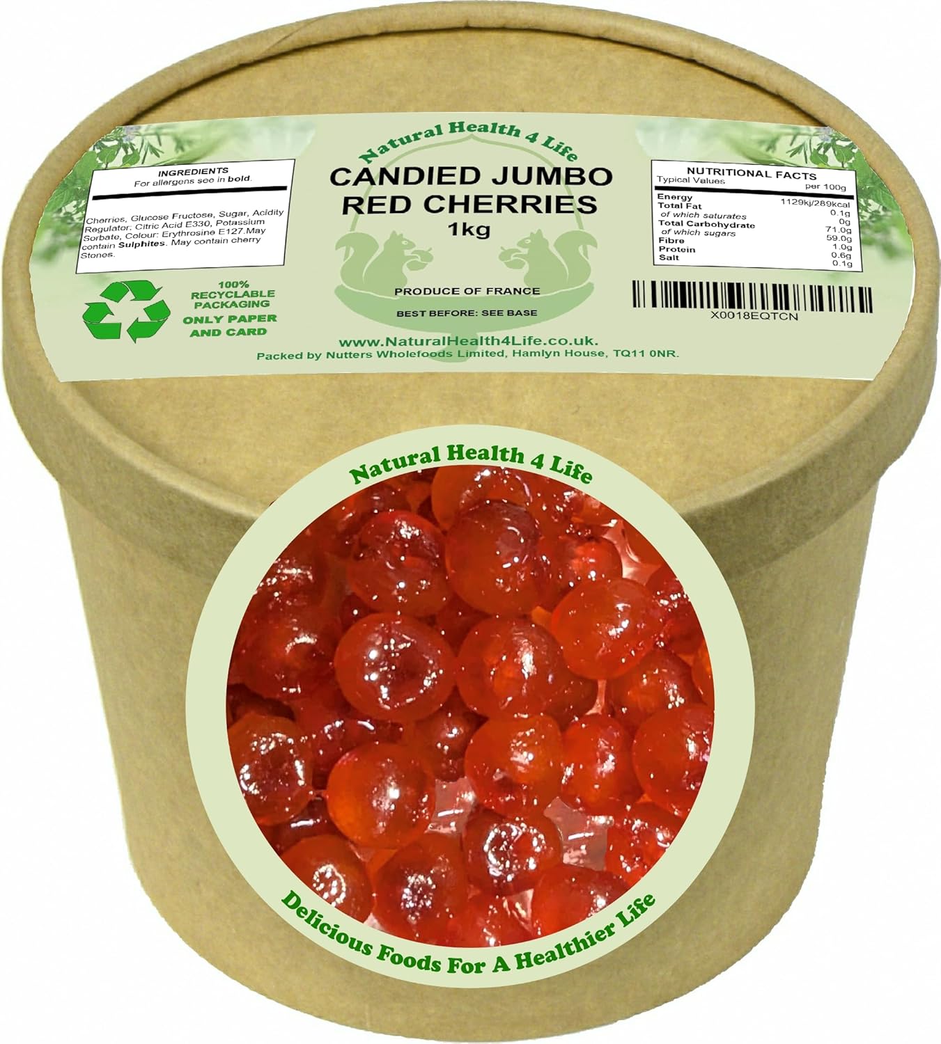 Natural Health 4 Life Jumbo Red Coloured Glace Cherries 1kg, Candied Whole Cherrys for Baking, Cake Decorating, Christmas Recipes, Fat Free, Vegetarian, Recyclable Kraft Paper Tub, Produce of France