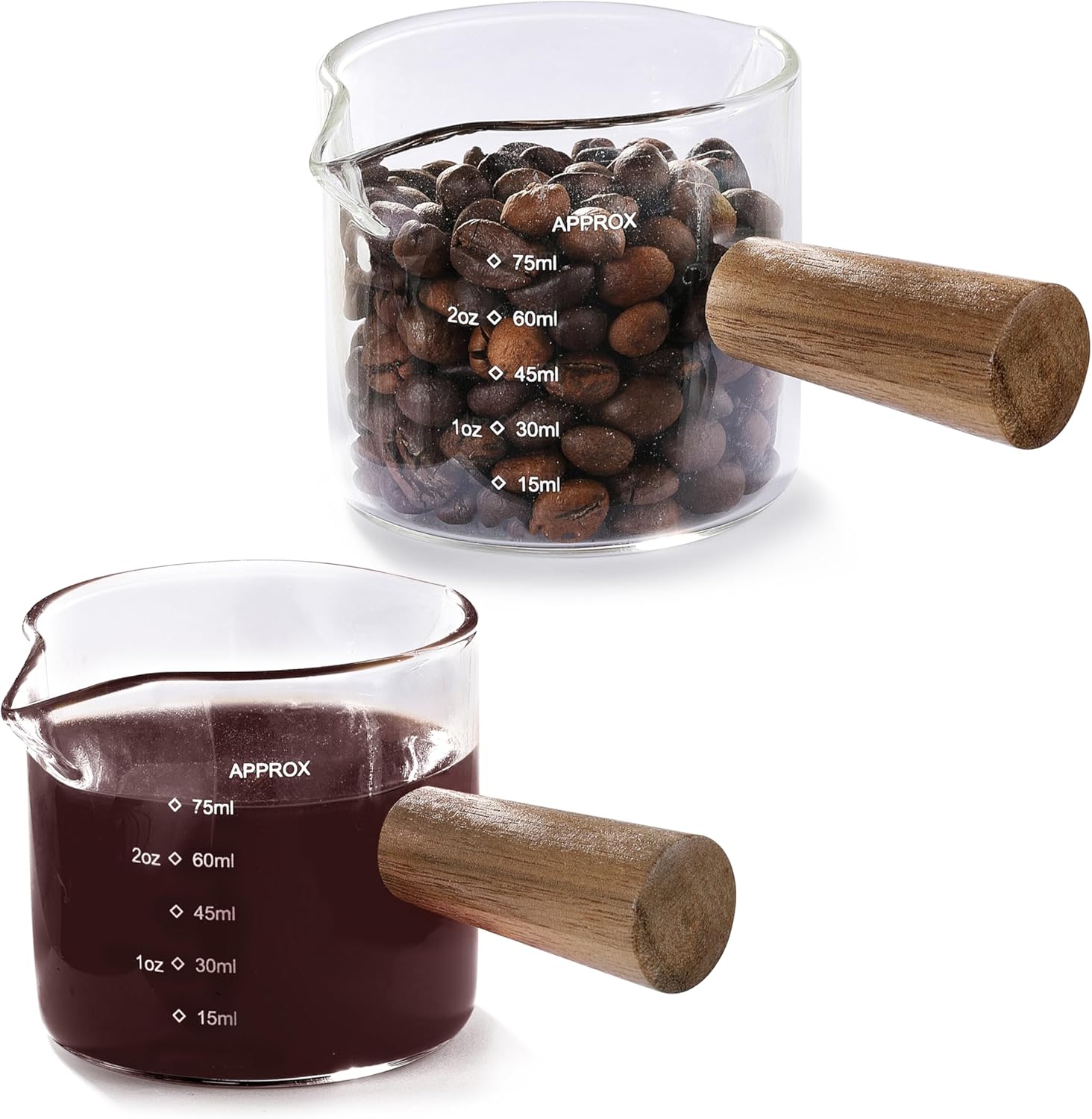2 Pack Measuring Cups, Espresso Shot Glass with Wood Handle, Clear Glass with Dual Scale, Espresso Accessories with Double Spouts, 2.5 OZ /75 ML