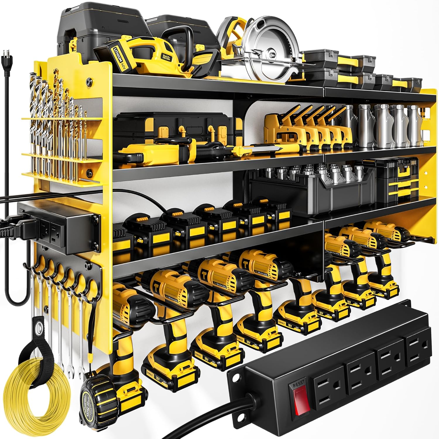 POKIPO Large Power Tool Organizer Wall Mount with Charging Station,4 Layer Heavy Duty Metal Storage Rack Loads 600lbs with 8 Cordless Drill Holder,Battery Utility Rack Gift for Garage workshops Room