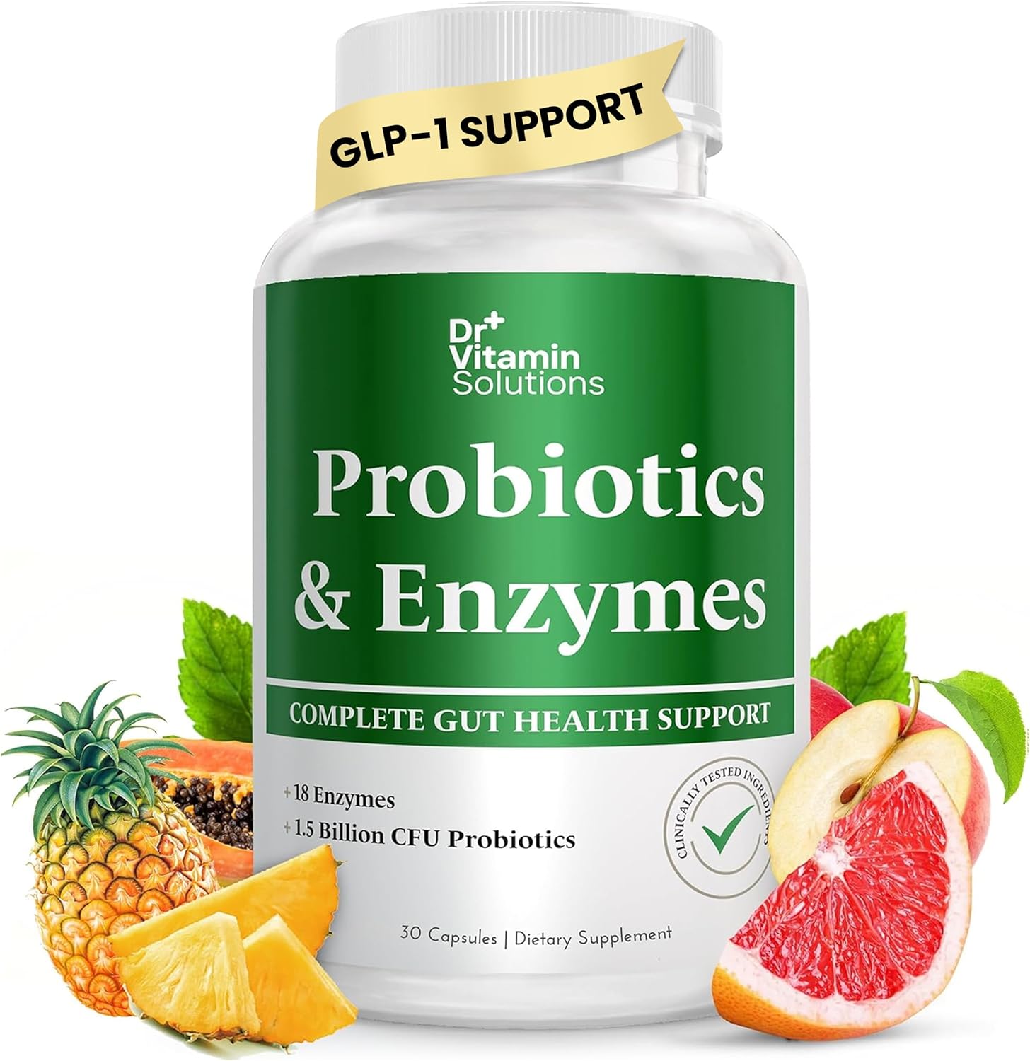 Dr. Vitamin GLP-1 Support Enzymes, Pre & Probiotics for Digestive Health, Weight Loss, 1.5 BLN CFU Probiotics for Women & Men | Digestive Enzymes w/Prebiotics for Gut Health, Bloating Relief, 30 Ct