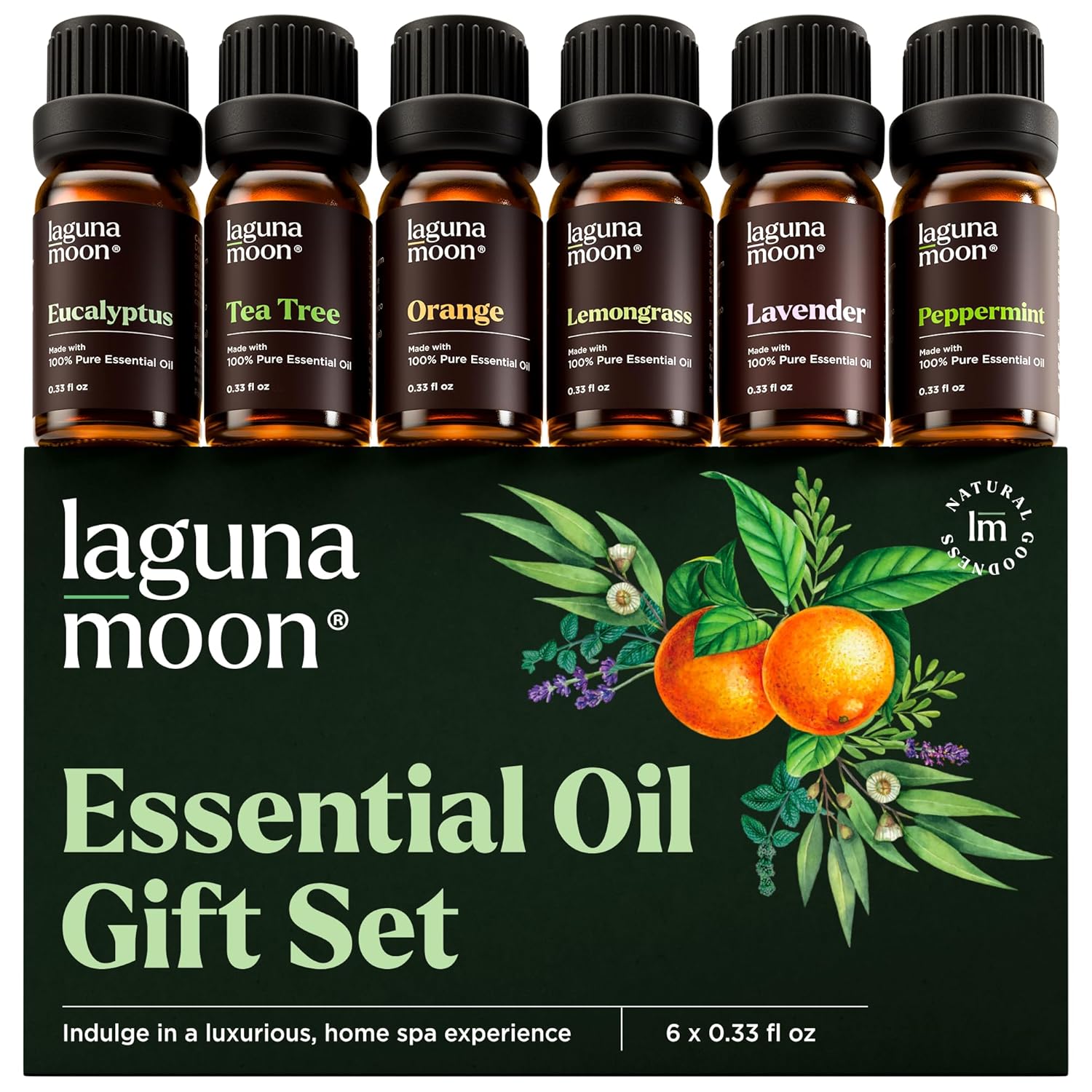 Lagunamoon Essential Oils Aromatherapy Set - 6 Oils for Diffusers, Home Care, Candle Making Scents, Fragrance, Humidifiers, Gifts - Peppermint, Tea Tree, Lavender, Eucalyptus, Orange (10mL)