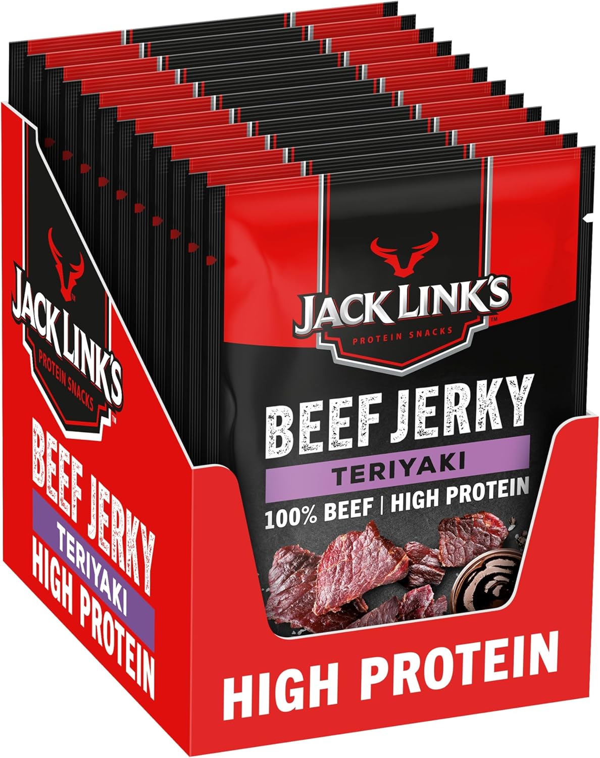 Jack Link's Beef Jerky, Teriyaki Flavour, Multipack of 12 x 25g Bags, High Protein Meat Snack, Made with Premium Beef