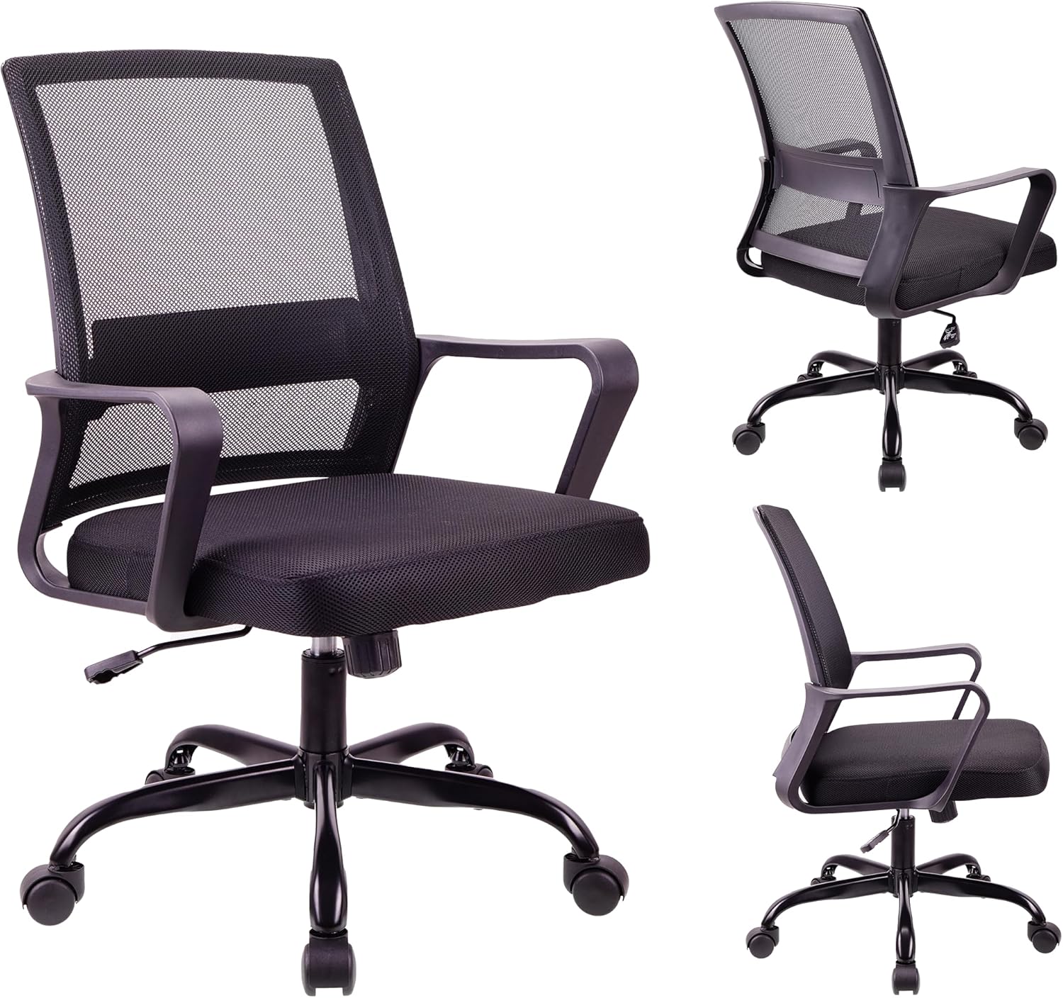 T-THREE.Adjustable office chair, ergonomic mesh swivel seat, with lumbar support, height adjustment, 360° rotation, and tilt function, mesh backrest for home office(Black)