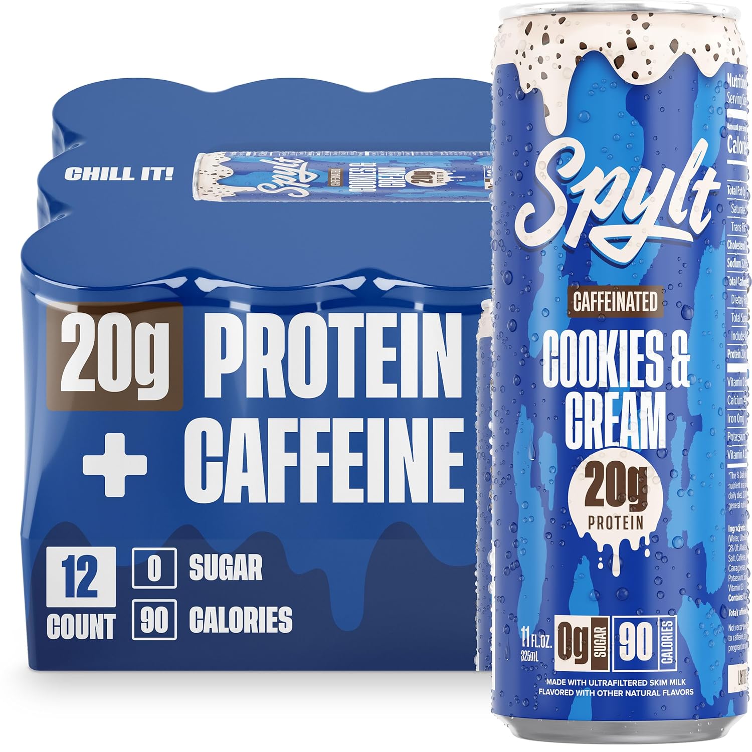 High Protein Cookies & Cream Milk with 60mg Caffeine & 20g Protein - 90 Calories, Ready to Drink, Sugar Free, Lactose Free Milk, Perfect for Workout Recovery & Afternoon Pick Me Up - 12 Count