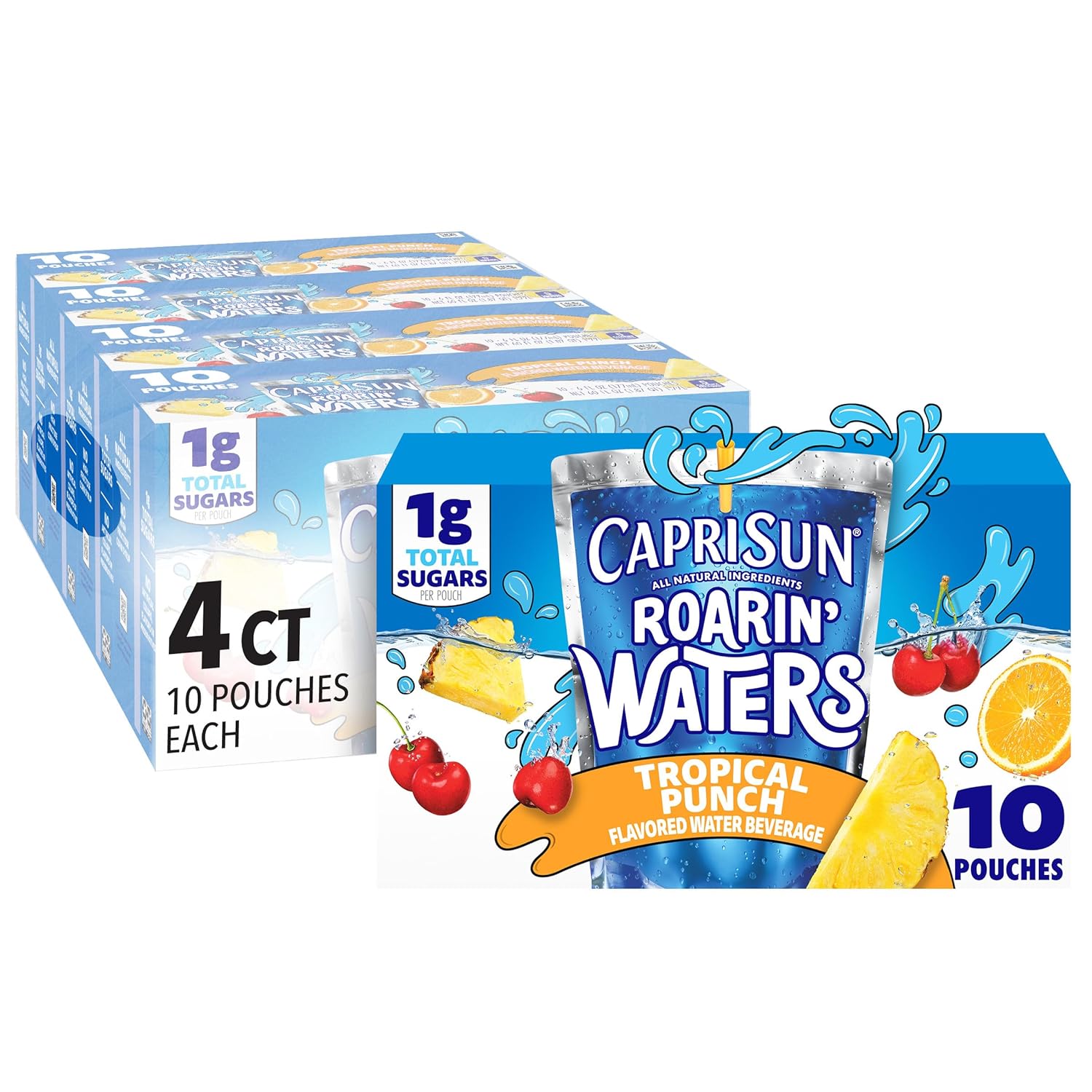 Capri Sun Roarin' Waters Tropical Punch Flavored with other natural flavor Water Beverage, 40 ct Pack, 4 Boxes of 10 Drink Pouches