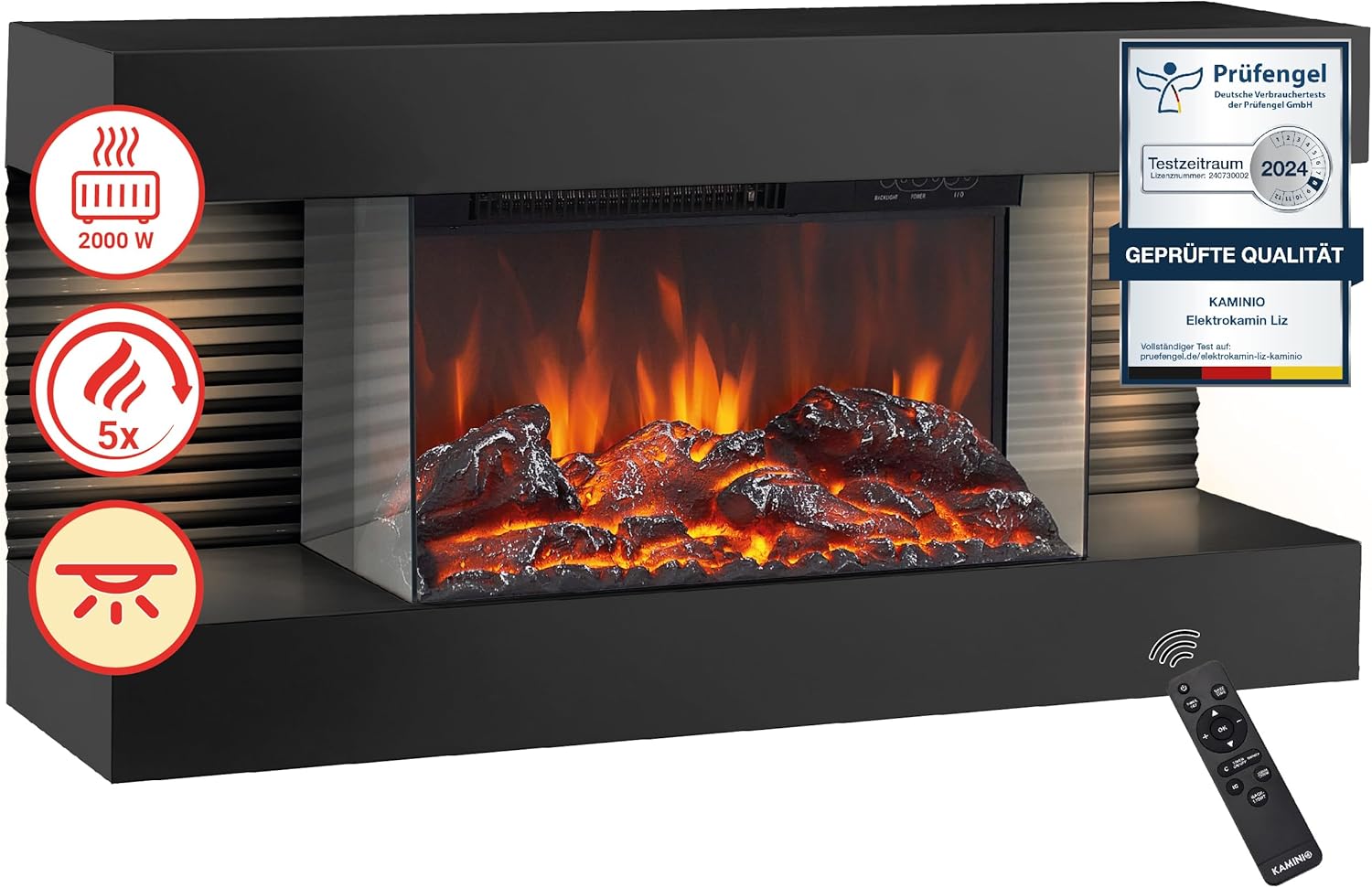 Electric Fireplace Liz - Electric Wall Fireplace with Heater, 3D Flame Effect, LED ambient light, Remote Control (Black)