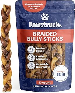 Pawstruck Natural 12” Braided Bully Sticks for Dogs - Tough, Long-Lasting, Rawhide-Free, Low Odor, Healthy Single Ingredient Chew Treat for Aggressive Chewers - 10 Count - Packaging May Vary
