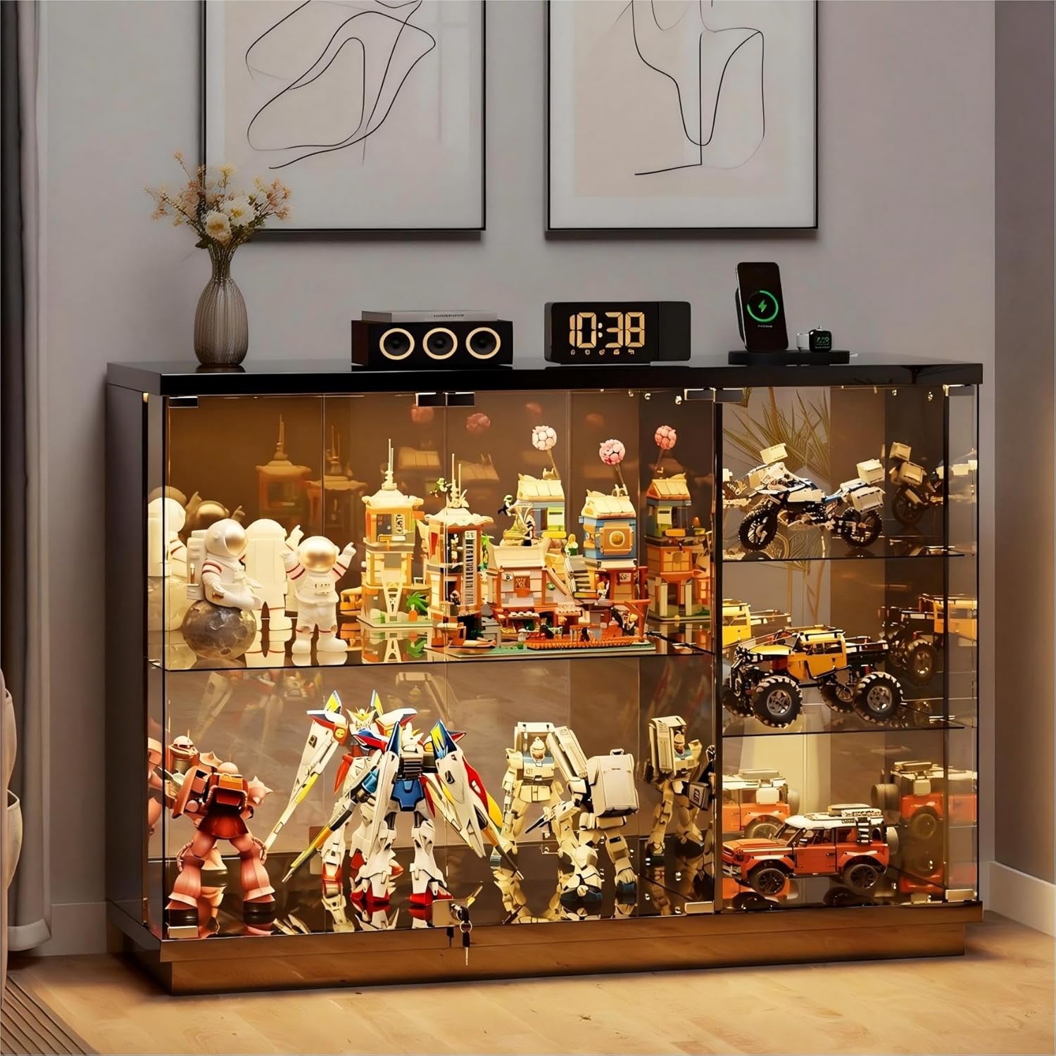 Gurexl 47.2" W Glass Display Cabinet with 3-Color LED Lights, 5-Tier Lockable Curio Cabinet with Human Body Sensor & Charging Station, Display Case for Collectibles, Living Room, Kitchen, Black