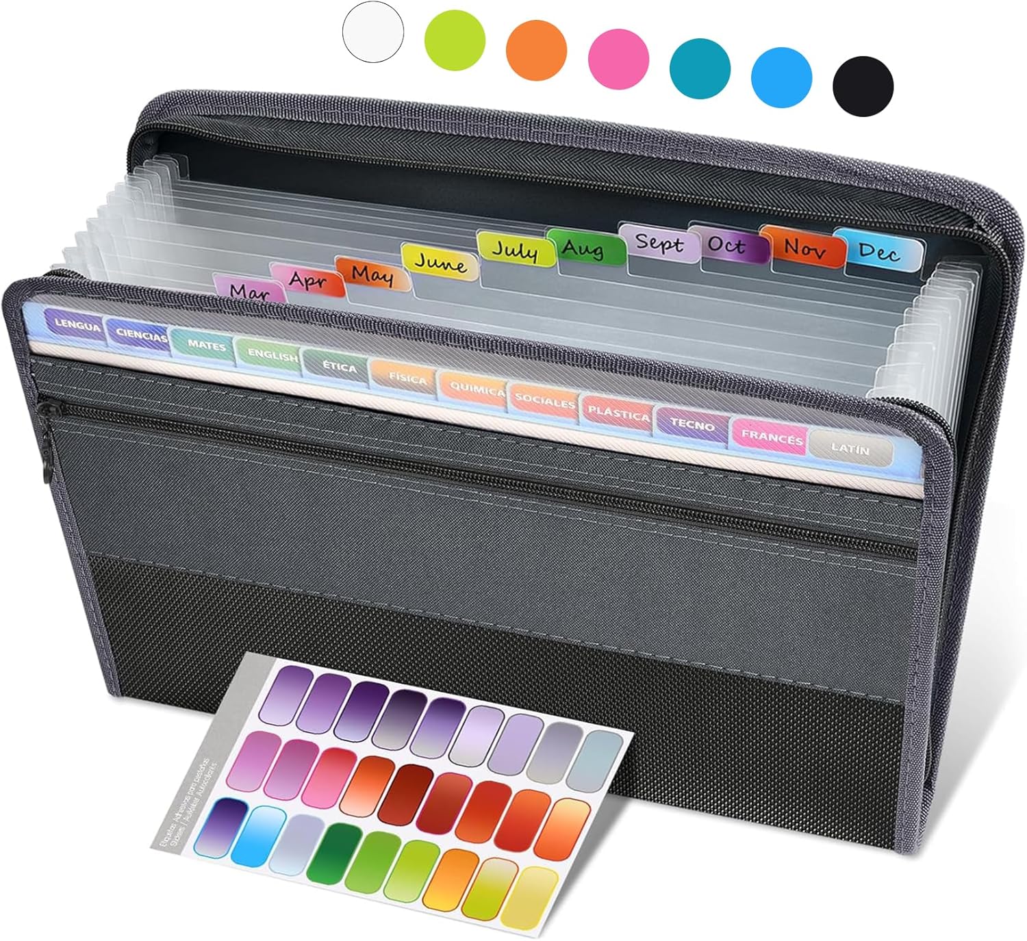 Sooez Accordion File Organizer with Safe Zipper, 12 Pocket Expanding File Folder with Front Pencil Pouch, Portable Monthly Paper Bill Tax Receipt Organizer, School Office Supplies, Letter Size, Grey