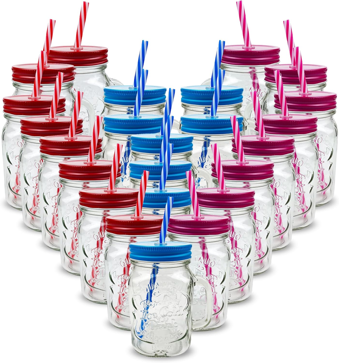 Pack of 24 Mason Jars with Handles, 500 ml Durable Drinking Glasses with Lids, Straws – Perfect for Cold Beverages