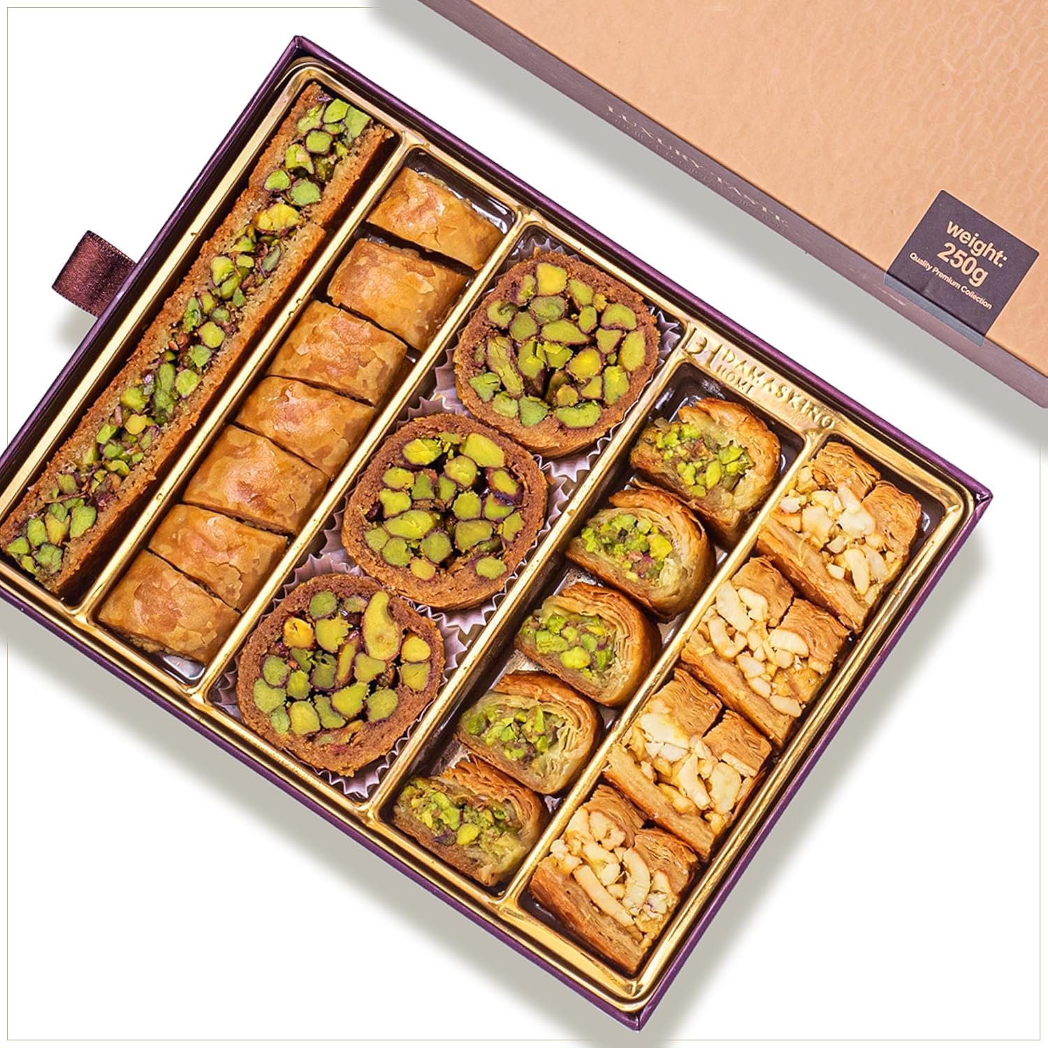 Damaskino Home Assorted Baklava Gift Box 10.5oz - 25 Pieces of Cashew Rich Kunefe Pastry & Turkish BaklavaPistachio Authentic Middle Eastern Sweets with Phyllo Dough & Katafi Shredded Pastry