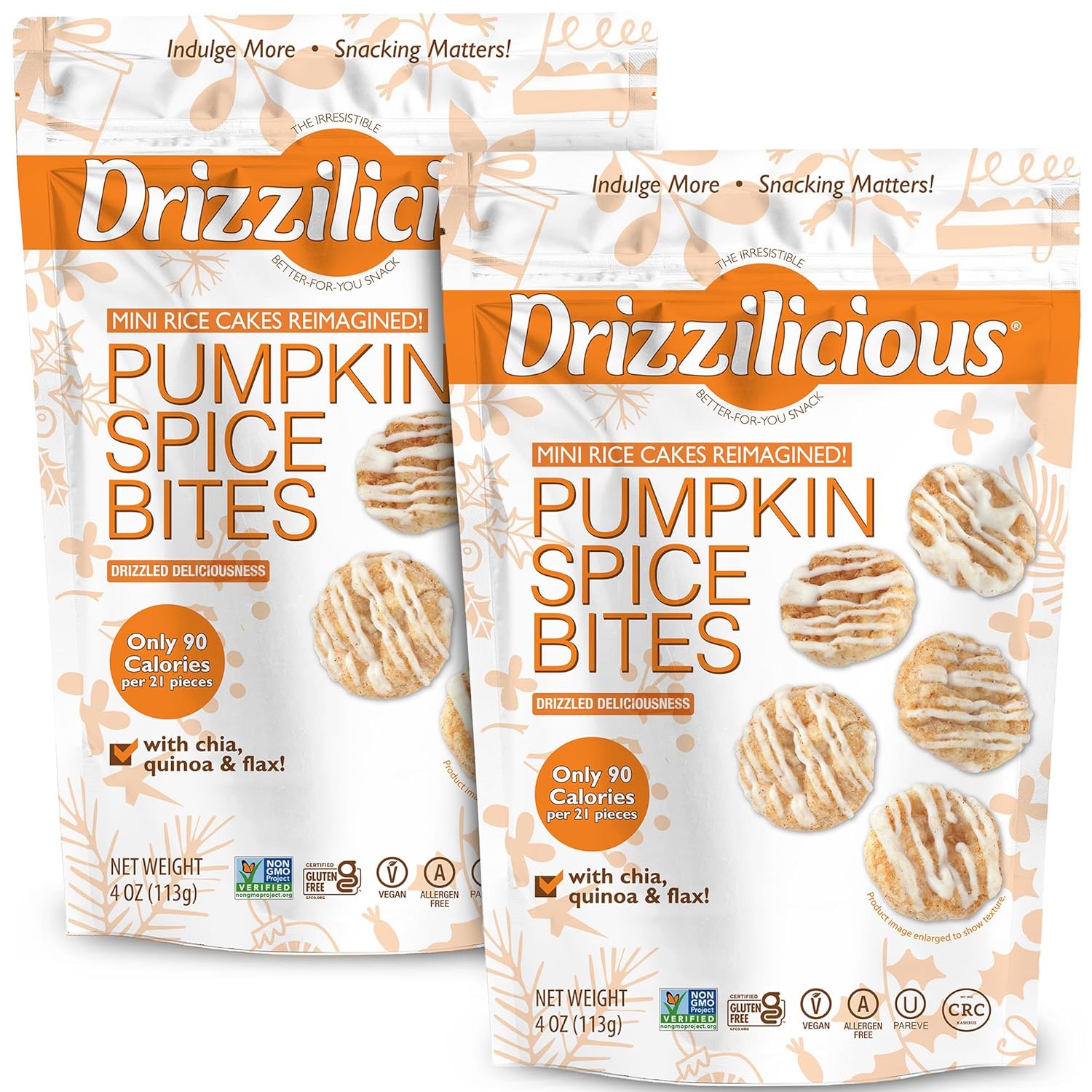 Drizzilicious Mini Flavored Rice Cakes - Rice Crisps, Healthy Snack for Adults and Kids, Vegan, Gluten Free Snack, Only 90 Calories Per Serving - Pumpkin Spice - 4 oz (Pack of 2)
