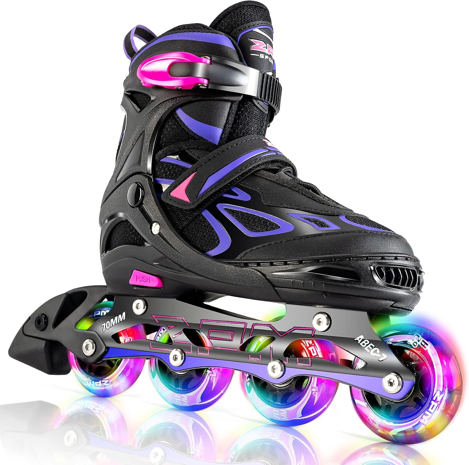 2PM Sports Adjustable Inline Skates for Kids, Youth and Adults | Reinforced Aluminum Frame; lateral Support; Beginner Friendly; Triple Closure; Light-up Wheels; 2 Non-Woven Bags