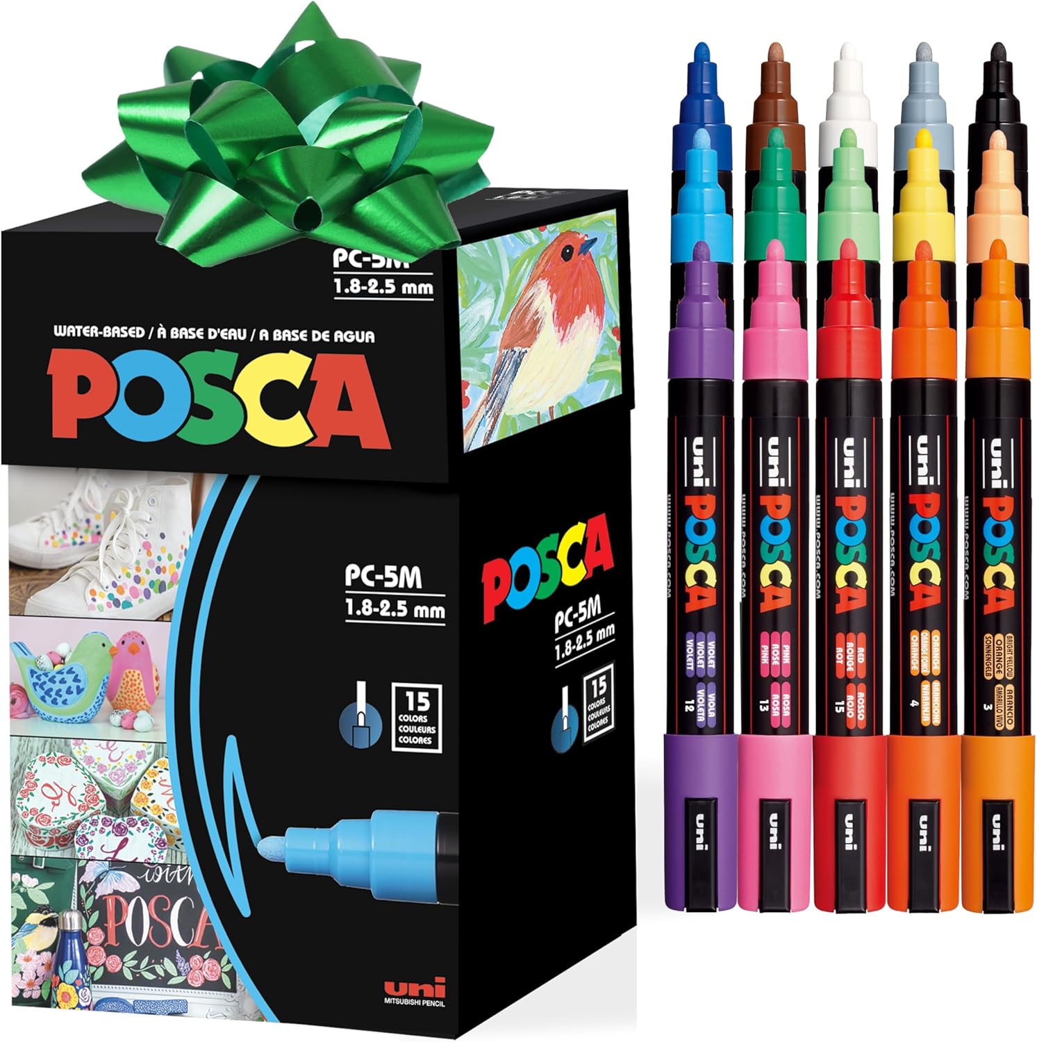 Posca Paint Art Markers, Set of 15 5M Medium Acrylic Markers with Reversible Tips, Artist Recommended Paint Pens for Gifts, Decorations, Fabric, Metal, Windows, Wood and Canvas