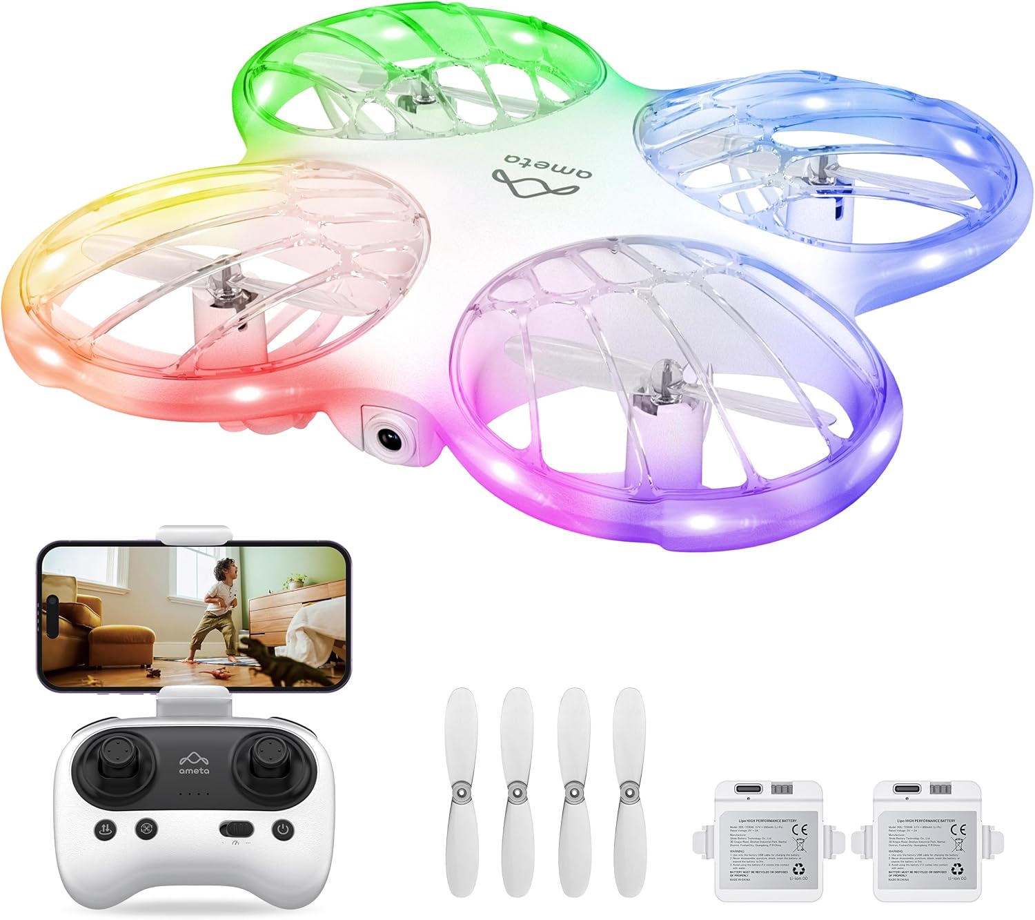 Ameta RC Drones for Kids Beginners with 1080P HD FPV Camera, Cool Toys for Boys Girls, RC Quadcopter with Cool LED Light, Propeller Full Protect and Long Flight Time, Morpho Drone with Camera