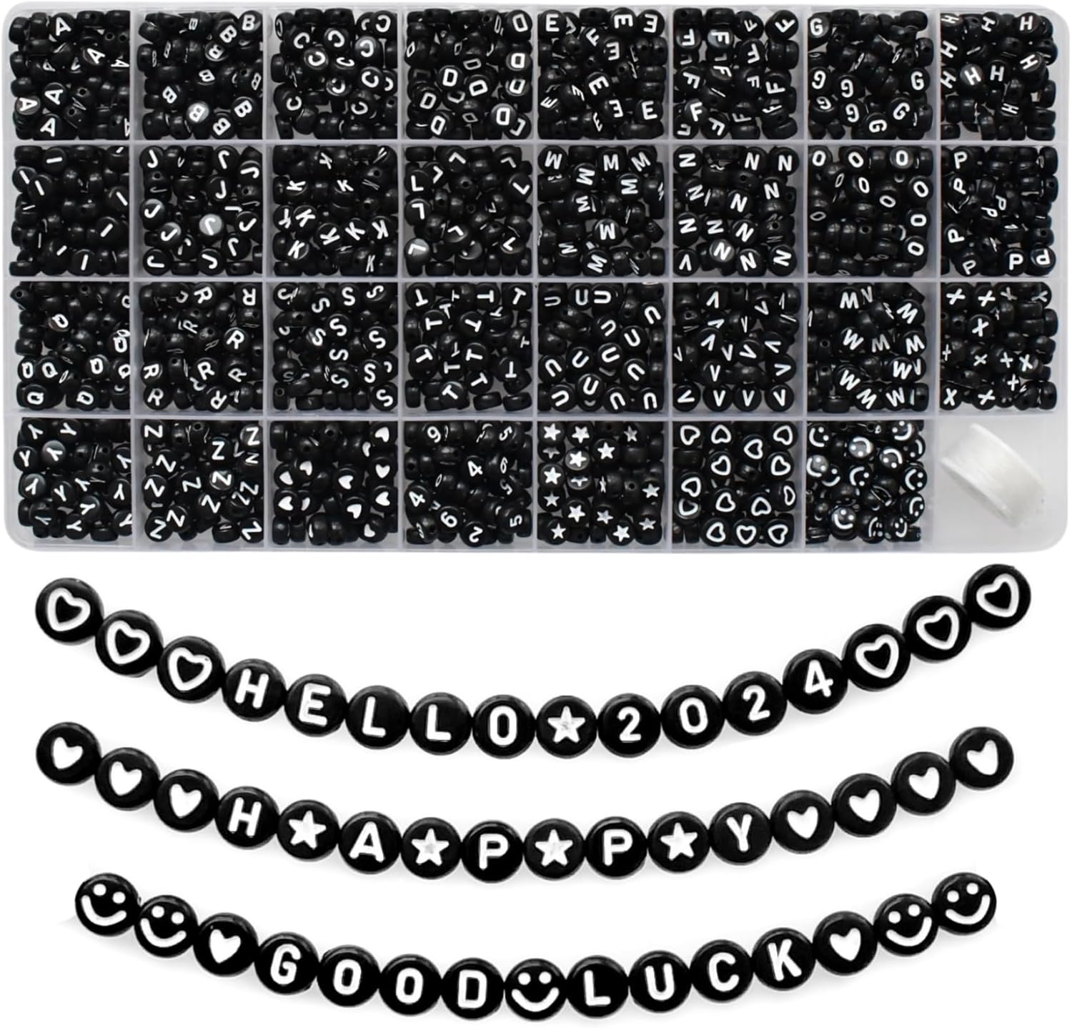 Amaney 1600pcs Black Letter Beads 4x7mm Round Acrylic Alphabet A-Z Number Star Smiley Beads and Heart Pattern for Jewelry Making
