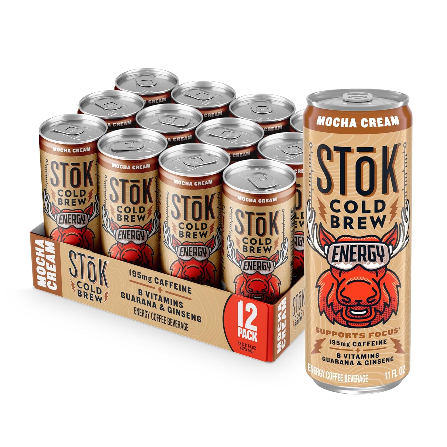 SToK Cold Brew Energy Mocha Cream, Energy Coffee Beverage with 195mg Caffeine to Help Support Focus, Canned Coffee with B-Vitamins, Guarana and Ginseng, 11 fl oz, 12pk
