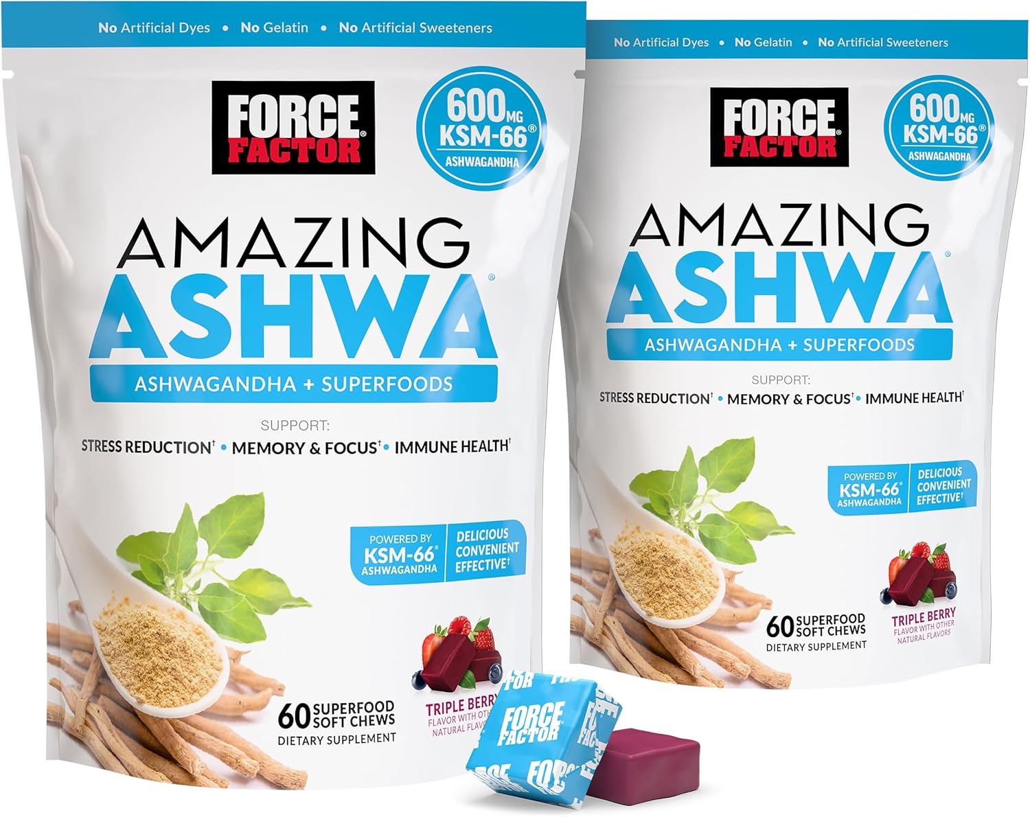 FORCE FACTOR Amazing Ashwa for Stress Relief, Memory, Focus, and Immune Support Health, Ashwaganda Supplement with KSM-66 Ashwagandha for Stress, 120 Soft Chews