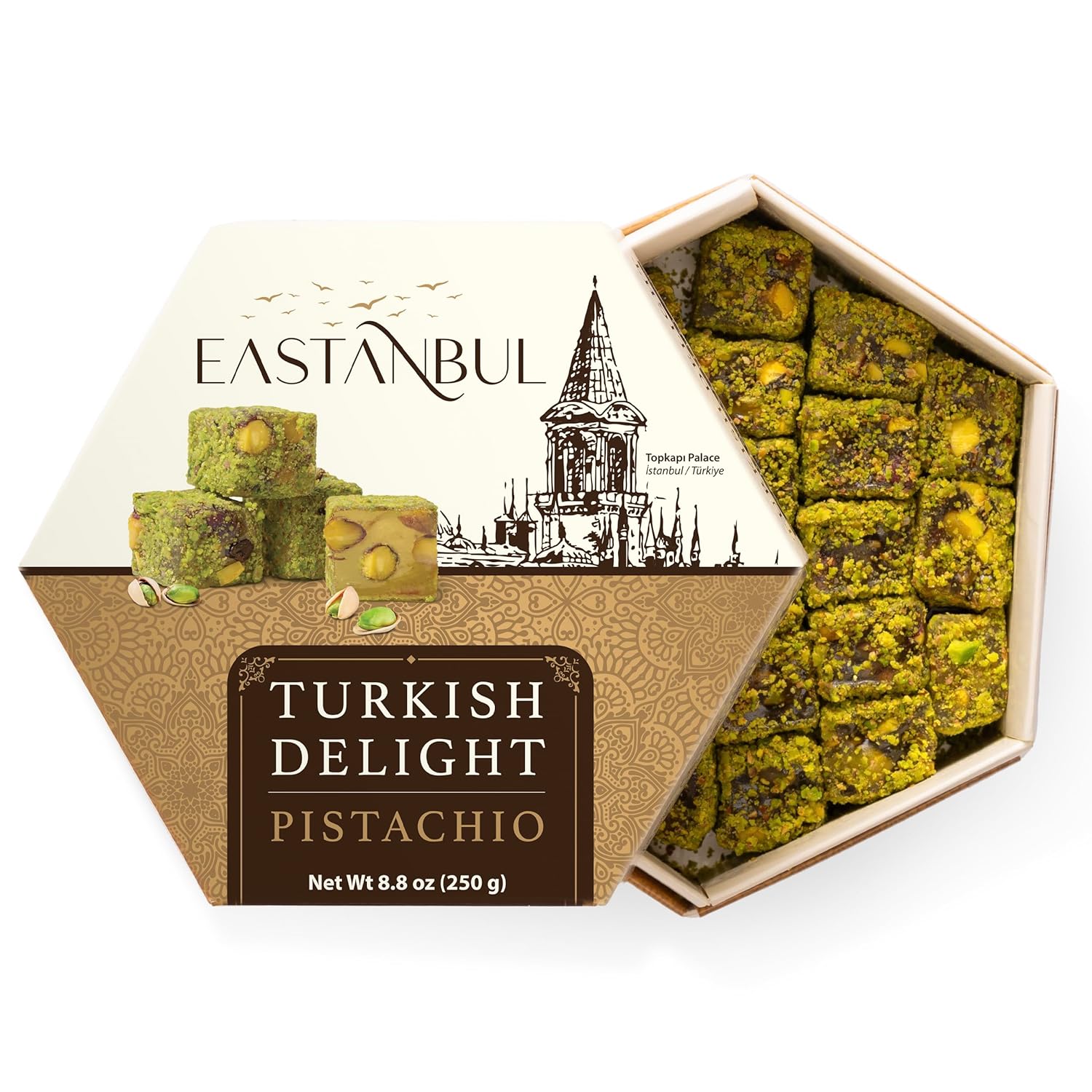Eastanbul Turkish Delight Pistachio, 8.8oz, Turkish Delights Candy, Gourmet & Double Roasted Pistachios Filled, Rich Nuts Content, Lokum, Loukoumi, Vegan Gifts, Gluten Free, No Synthetic Ingredient