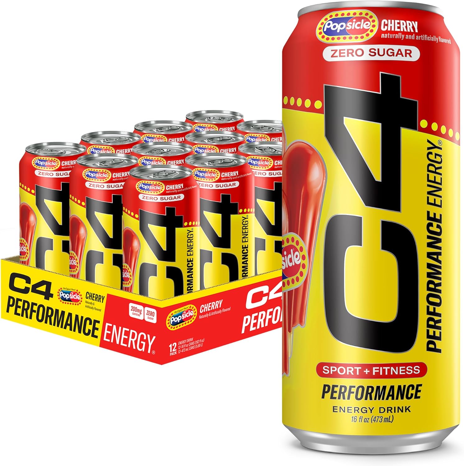 C4 Performance Energy Drink, Cherry Popsicle, Zero Sugar Carbonated Preworkout Energy, 200mg Caffeine with Beta Alanine, 16 Fl Oz (12 Pack)