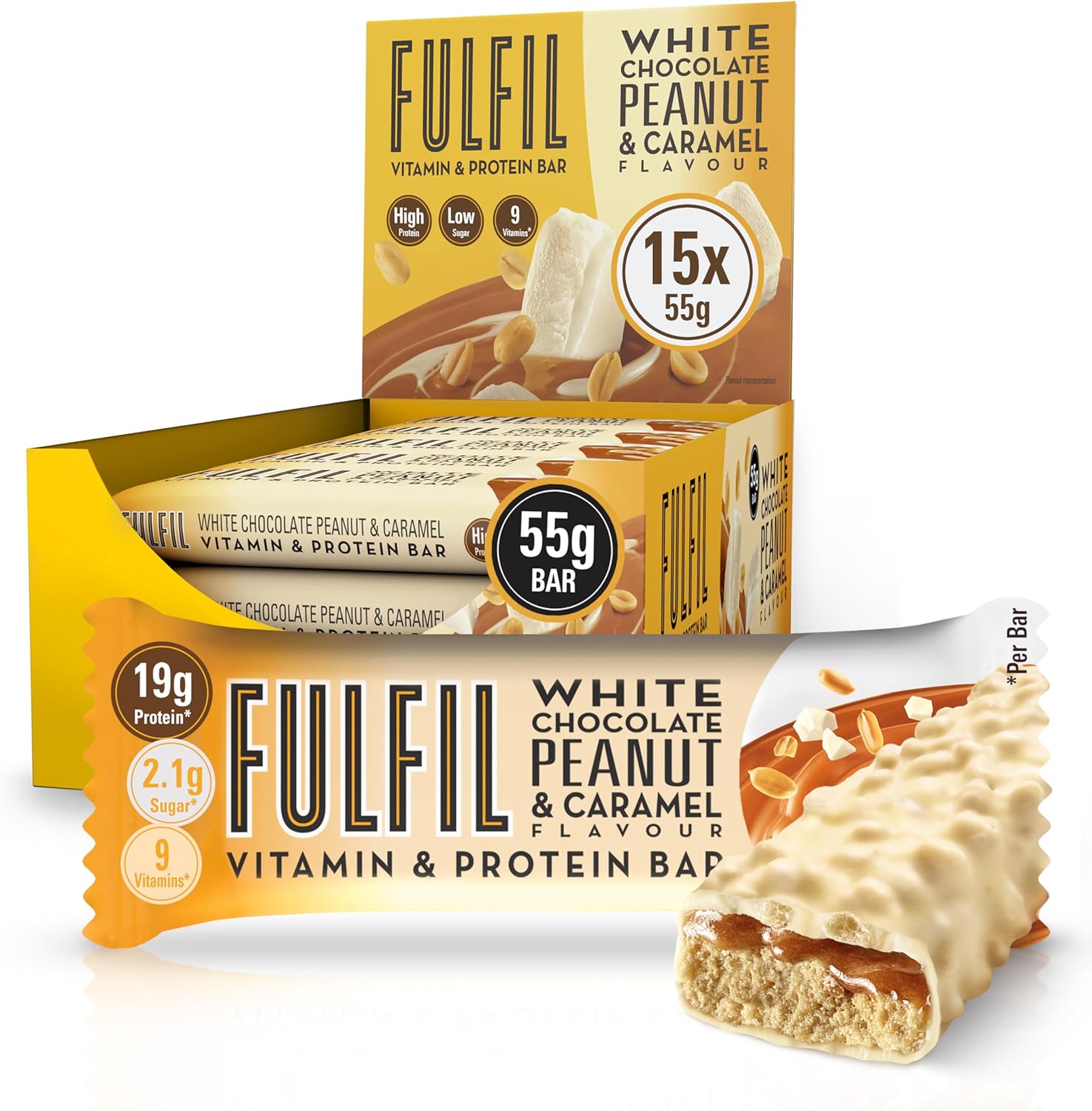 FULFIL Vitamin and Protein Bars (15 x 55 g Bars) — White Chocolate Peanut and Caramel Flavour — 20 g High Protein, 9 Vitamins, Low Sugar