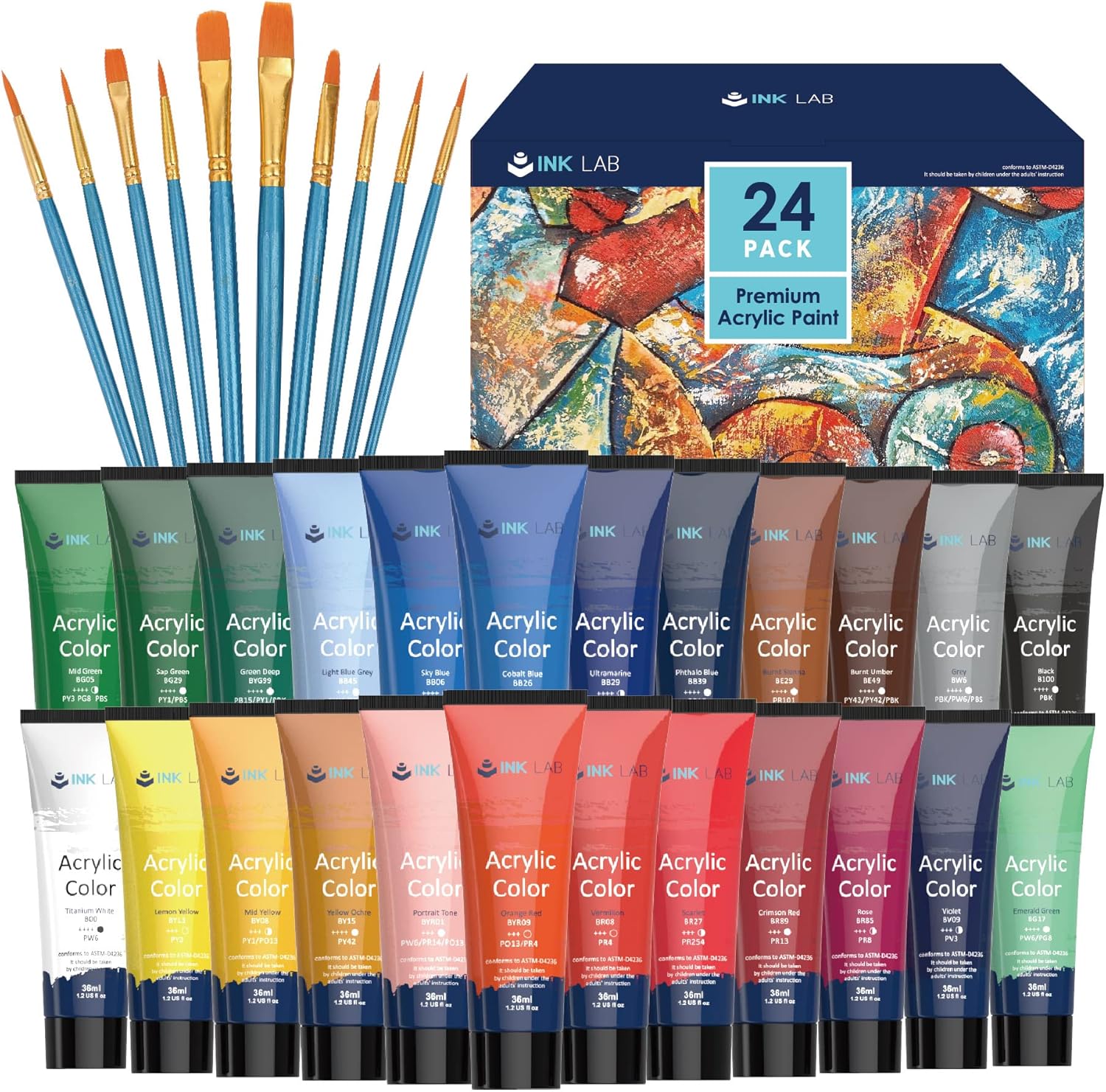 INK LAB Acrylic Paint Set 24 Colours Acrylic Paints in Tubes Non Toxic for Artists Beginners Painting on Canvas Wood Fabric Rocks, 36ml/Tube, Rich Pigment