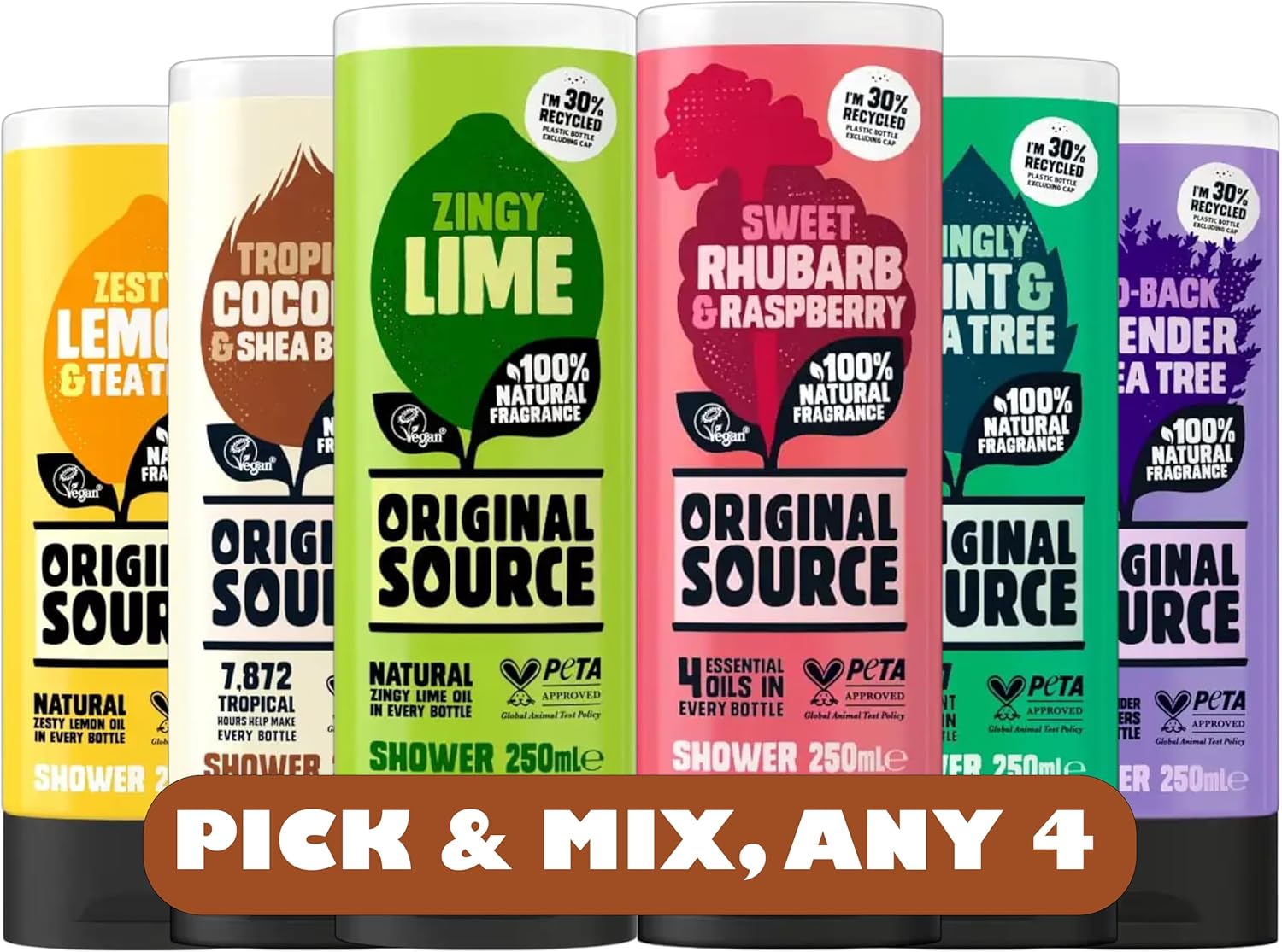 Original Source Shower Gel Bundle 250ml – Choose Any 4 Scents, Vegan-Friendly, 100% Natural Fragrance, PETA Approved | 4 x 250ml