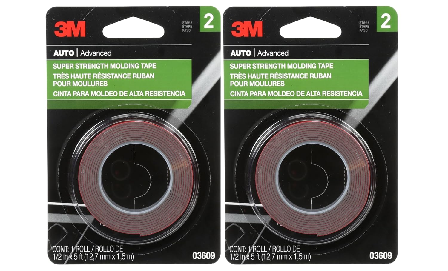 3M Super Strength Automotive Molding Tape, 1/2 Inch x 5 Ft per Roll (Pack of 2, 10 Ft Total) – Double-Sided Foam Adhesive for Car Trim, Emblems, Moldings