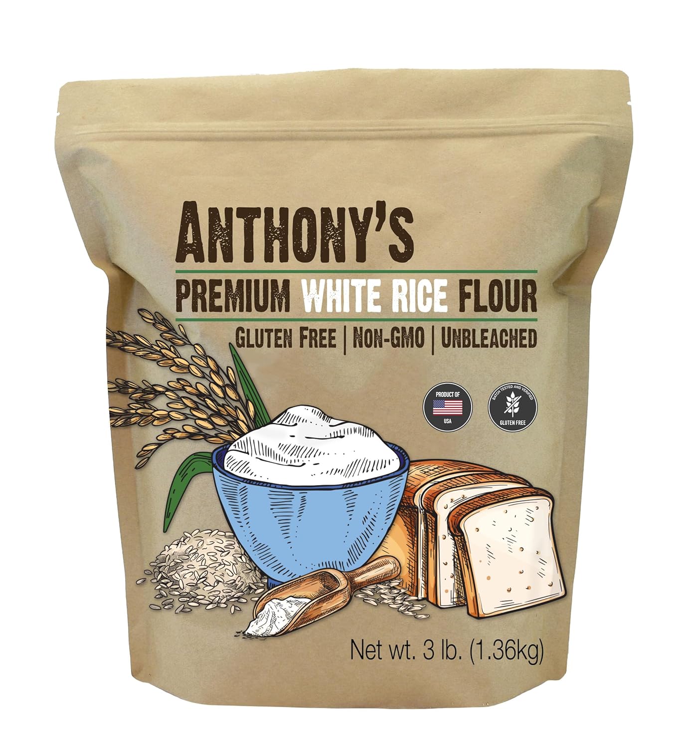 Anthony's Premium White Rice Flour, 3 lb, Gluten Free, Non GMO