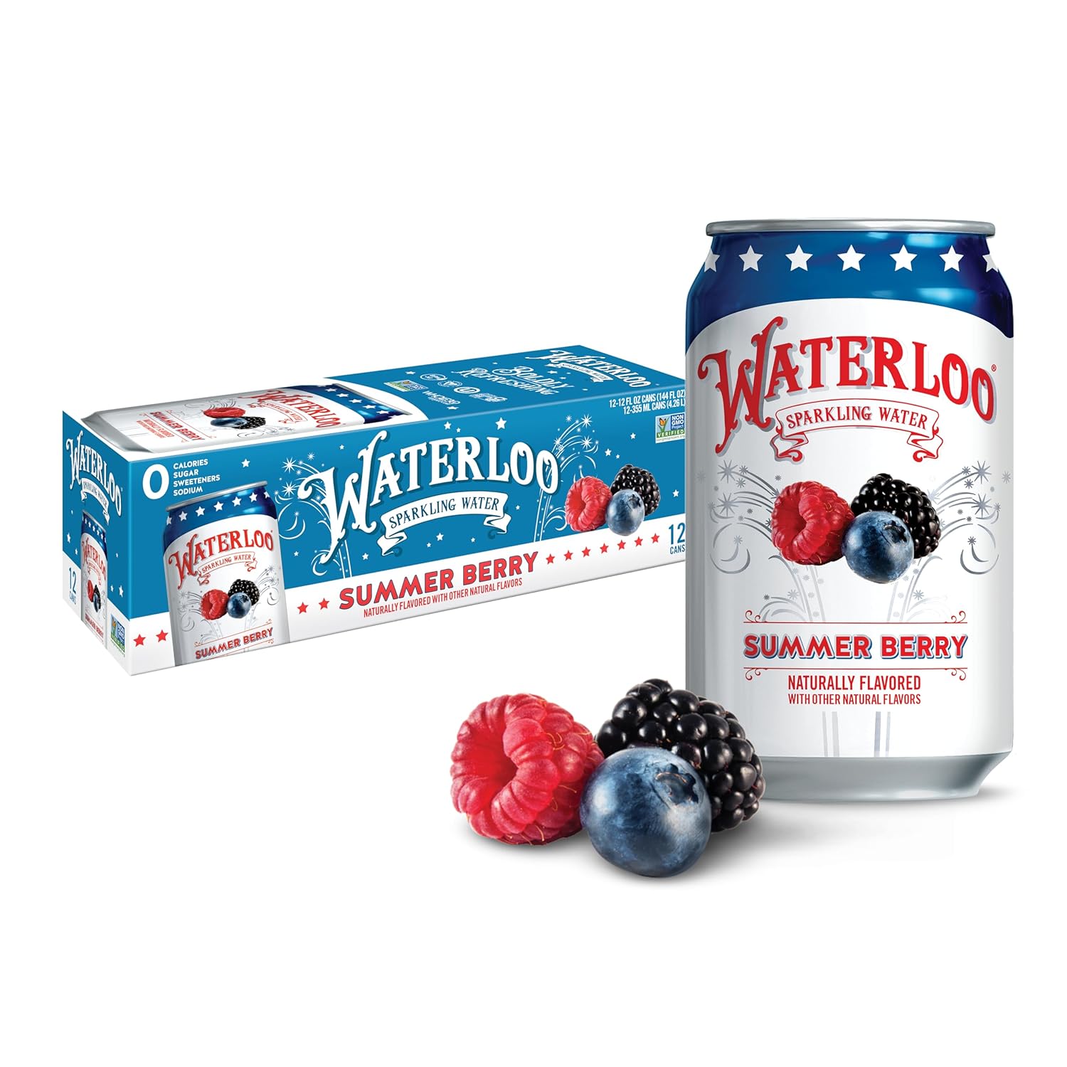 Waterloo Sparkling Water, Summer Berry Naturally Flavored, 12 Fl Oz Cans, Pack of 12 | Zero Calories | Zero Sugar or Artificial Sweeteners | Zero Sodium