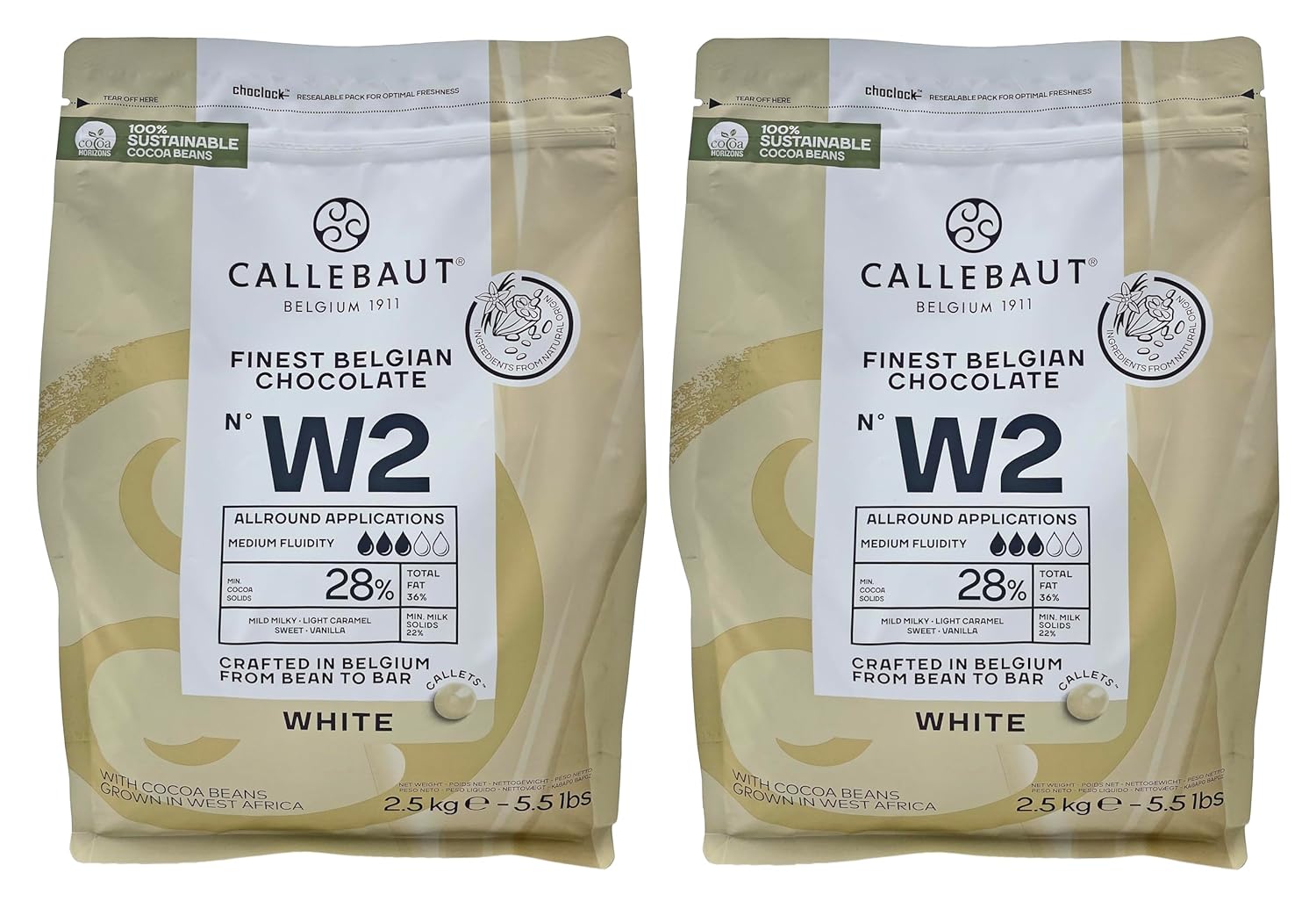 Callebaut Belgian Chocolate Callets | 2 Pack of 5.51 Bags (2.5KG) (White Chocolate)