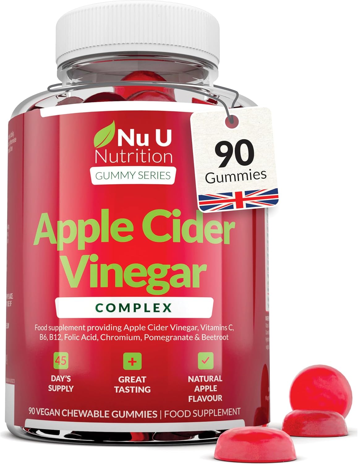 Apple Cider Vinegar Gummies with The Mother 1000mg - 90 Vegan ACV Gummies with Vitamin C, B12, B6, Folic Acid, Pomegranate & Beetroot - Made in The UK - Nu U Nutrition