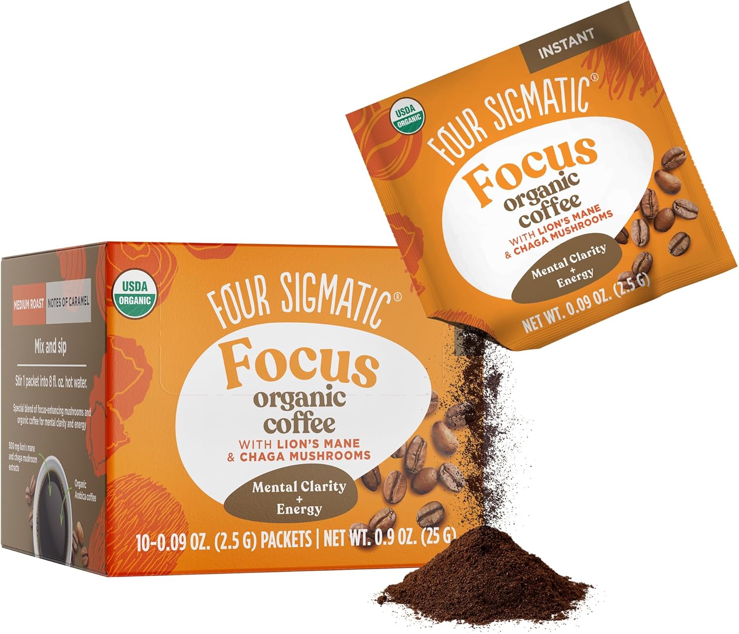 Organic Mushroom Coffee by Four Sigmatic | Arabica Instant Coffee Singles with Lion's Mane, Chaga and Rhodiola | Mushroom Coffee Instant Mix for Better Focus and Immune Support | 10 Packets
