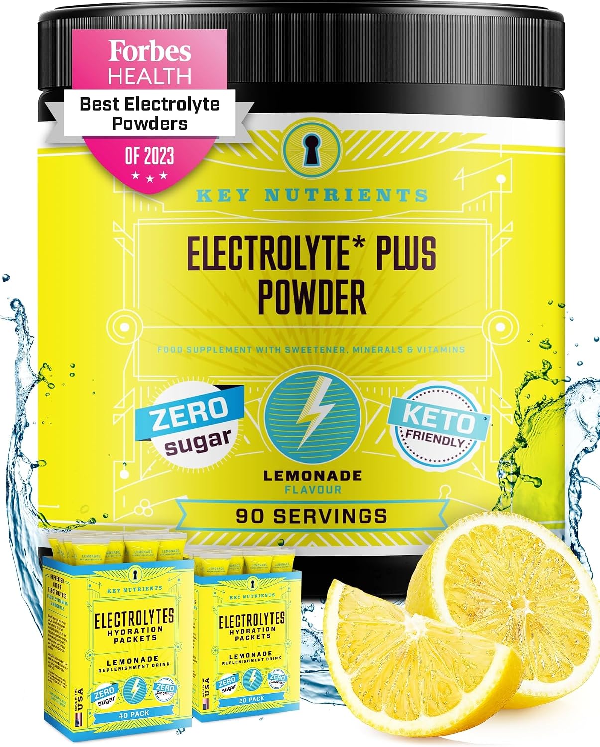 KEY NUTRIENTS Multivitamin Electrolytes Powder No Sugar - Refreshing Lemonade Electrolytes - Sodium & Energy Supplement - Hydration Powder - No Calories - 4 g x 90 Servings (360 Grams)