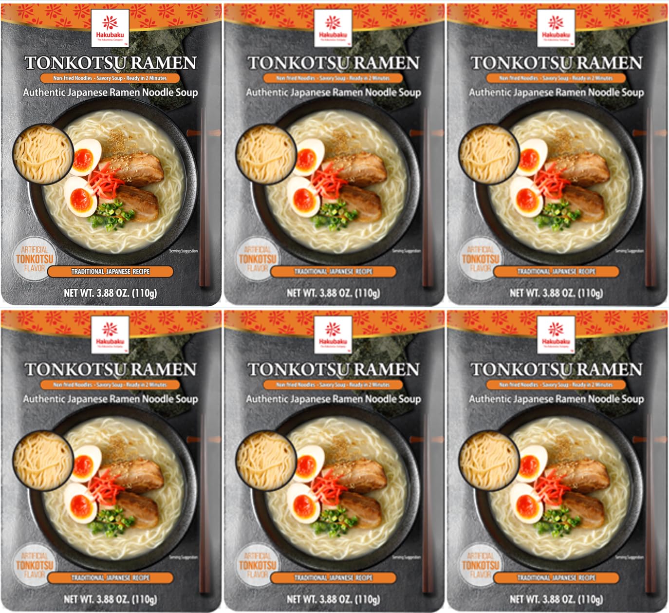 Hakubaku Tonkotsu Ramen Noodle Soup, Non-Fried Soft Noodles, 3.88 oz, 6 Pack